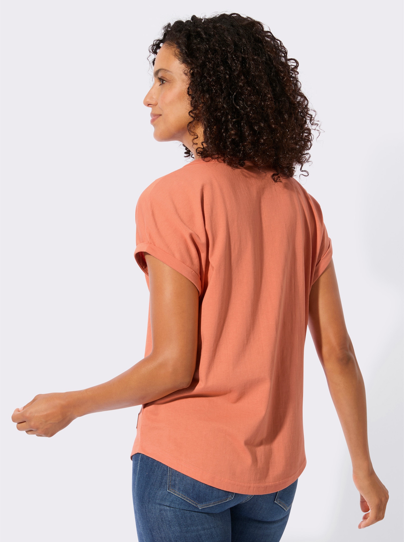 Rundhalsshirt mit Knopfleiste - papaya