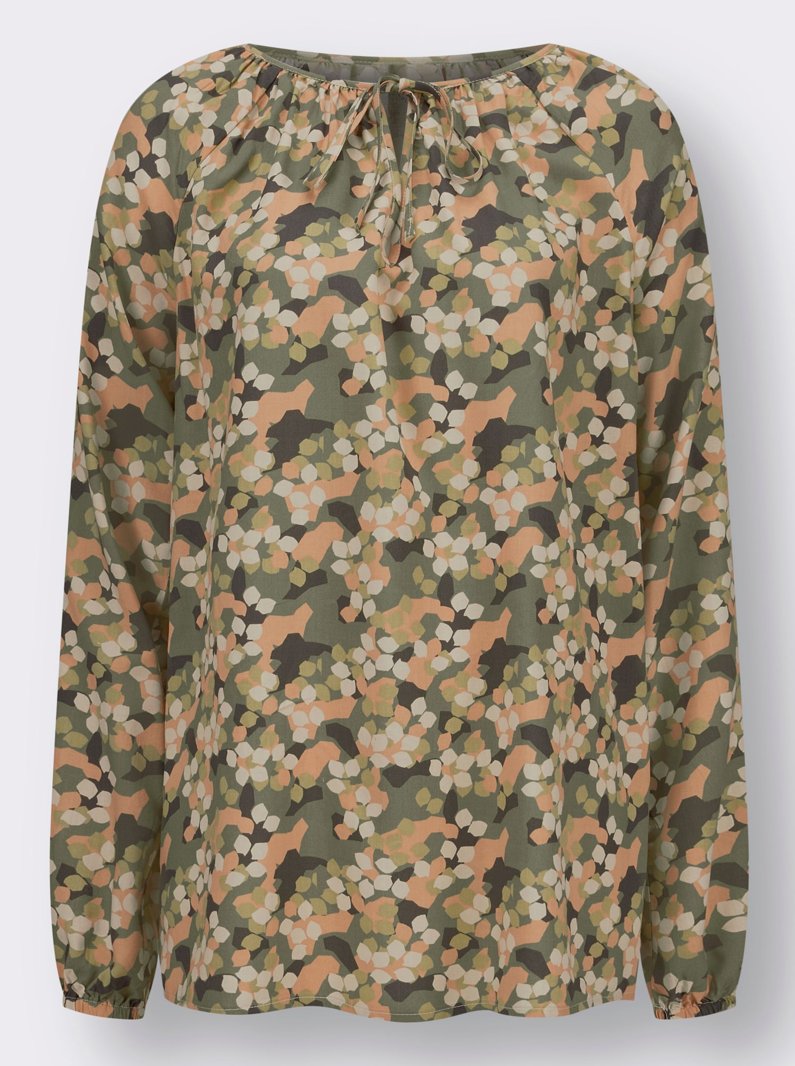 Blouse met print en boothals - kaki/zand/bedrukt