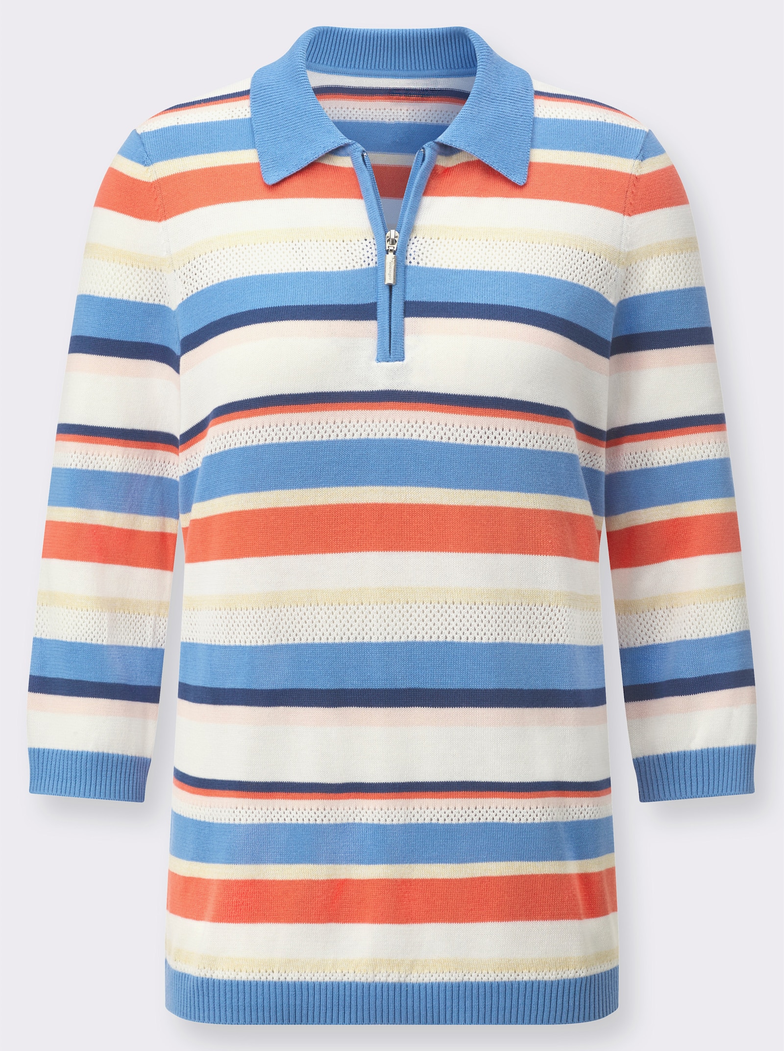 Polopullover mit Polokragen - jeansblau-koralle-geringelt