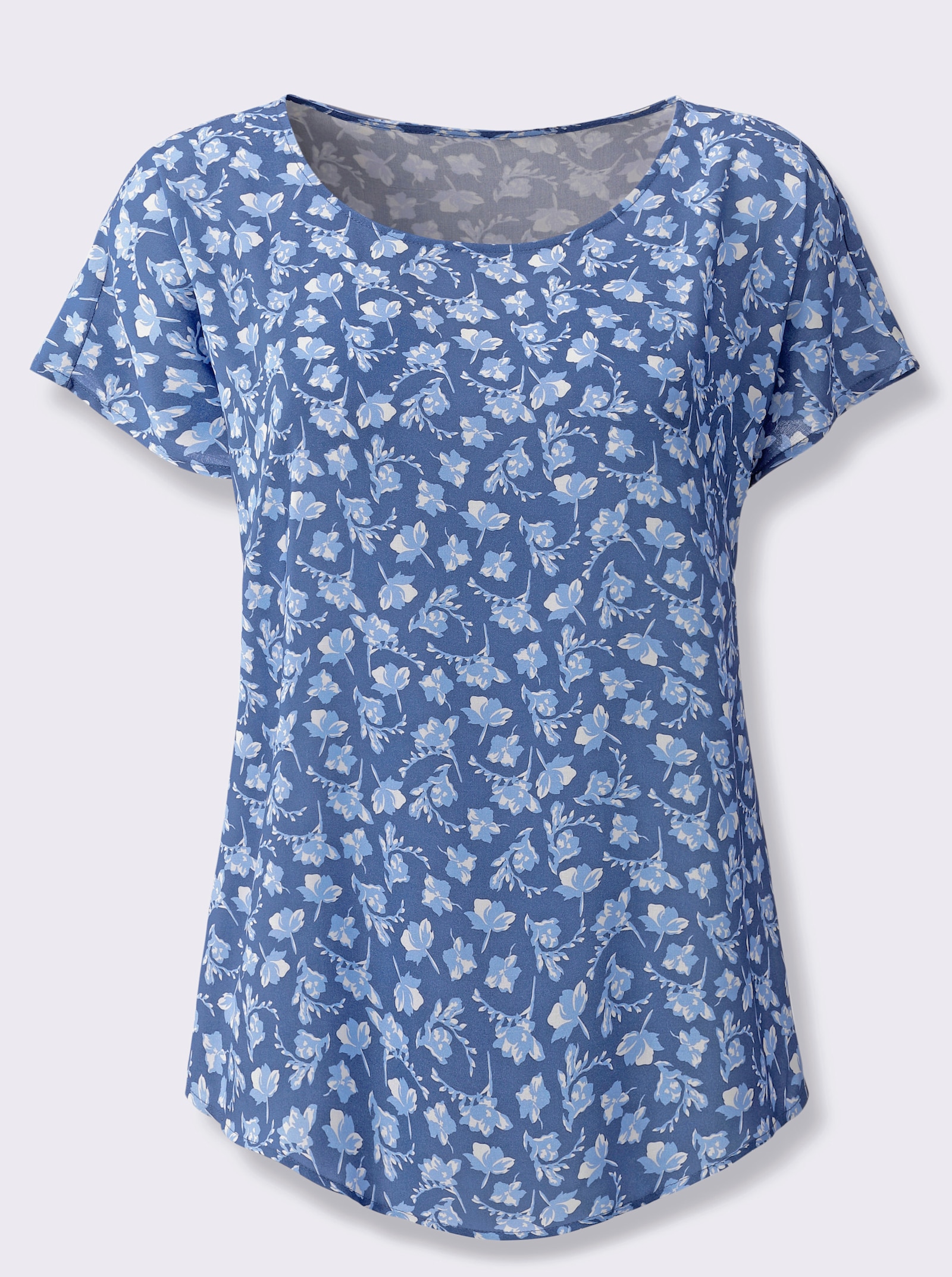 Blusenshirt mit Blüten-Dessin - jeansblau-weiß-bedruckt