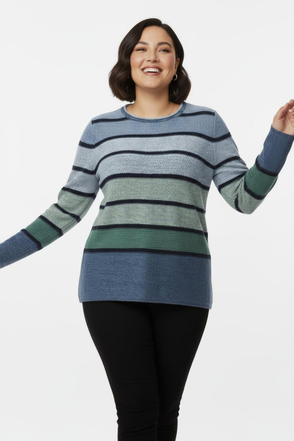 Rundhalspullover mit Ringeln - mittelblau-grün-geringelt