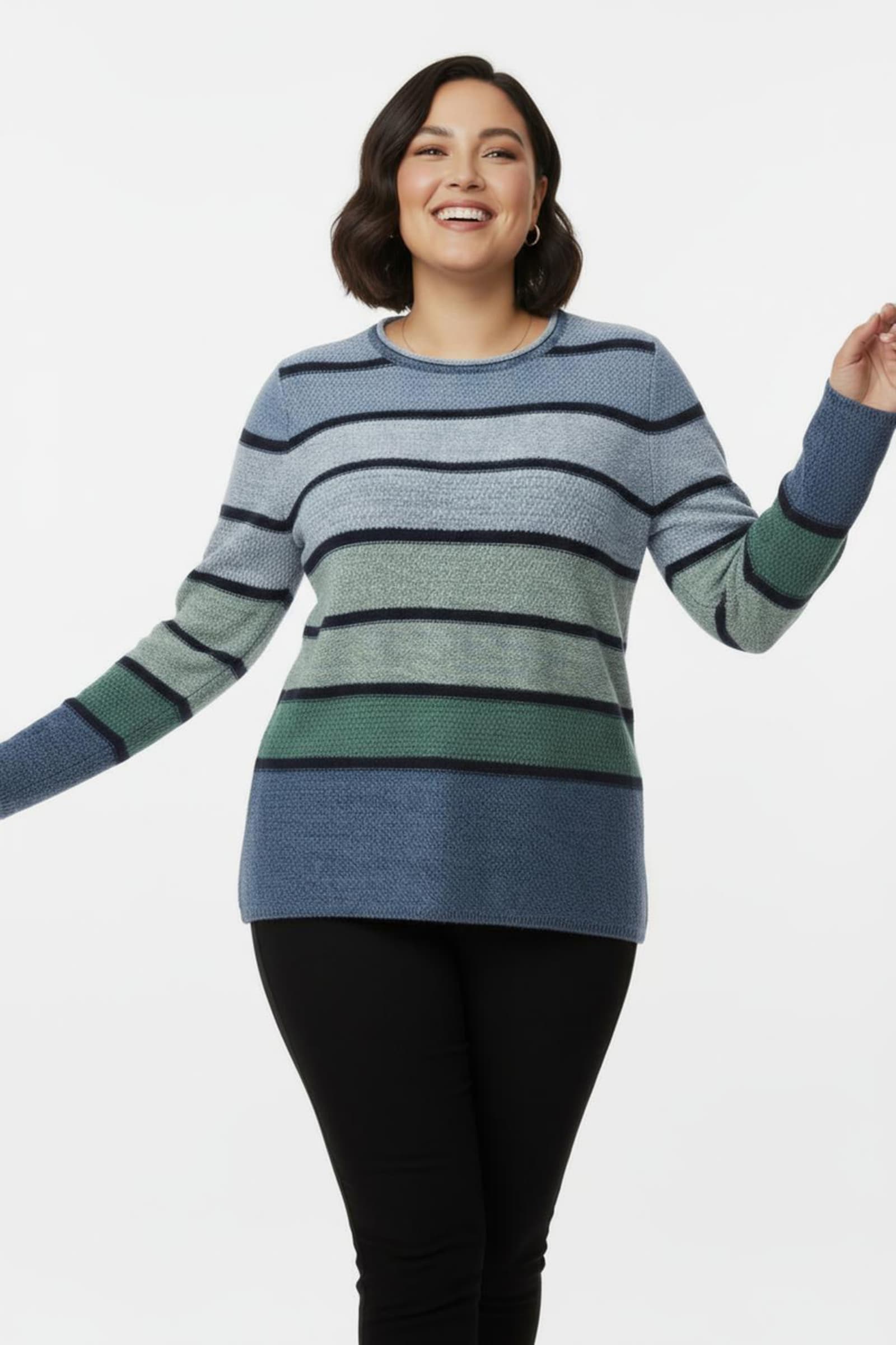 Rundhalspullover mit Ringeln - mittelblau-grün-geringelt