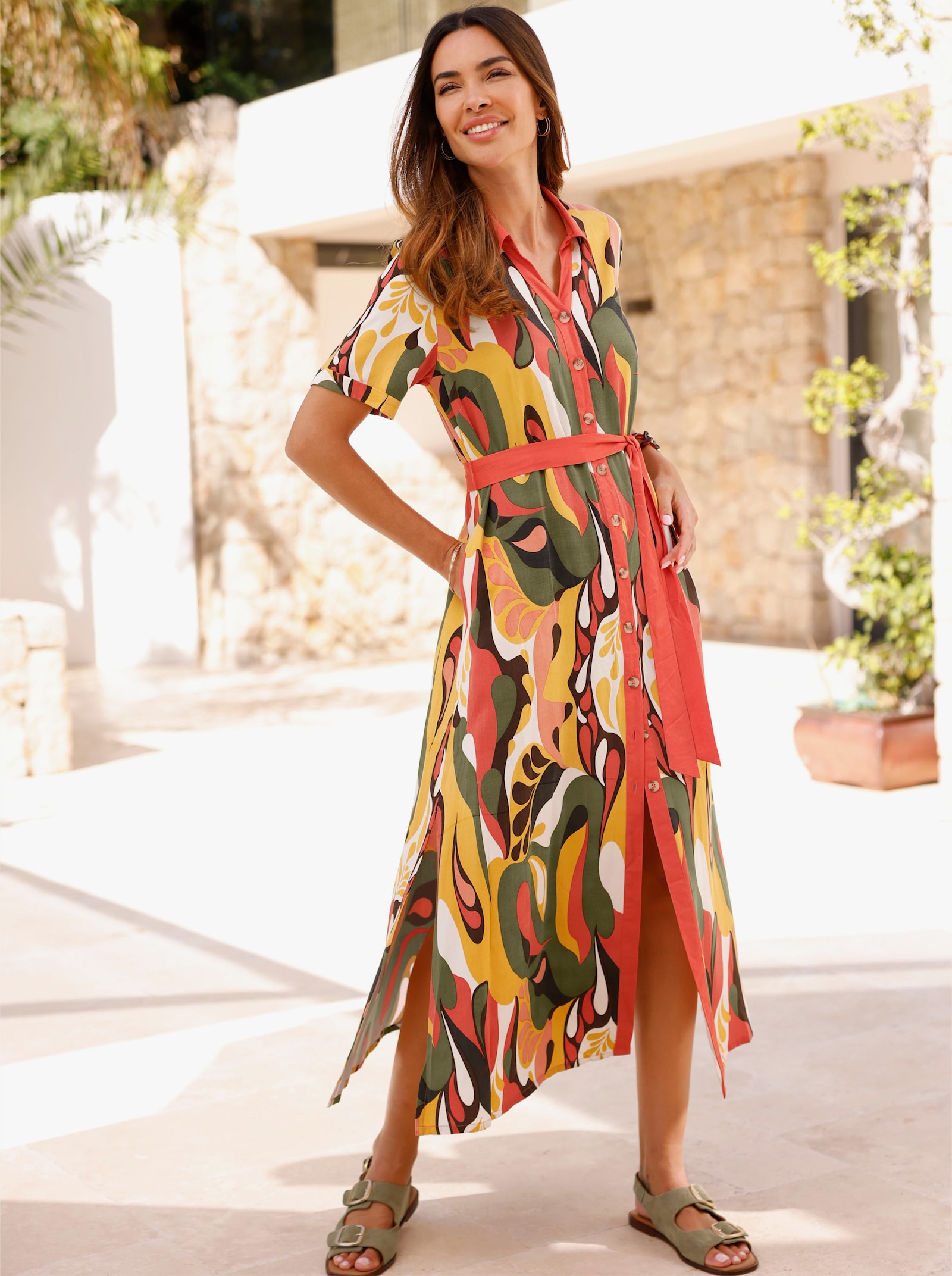 heine Druckkleid mit Bindegürtel - papaya-schoko-bedruckt