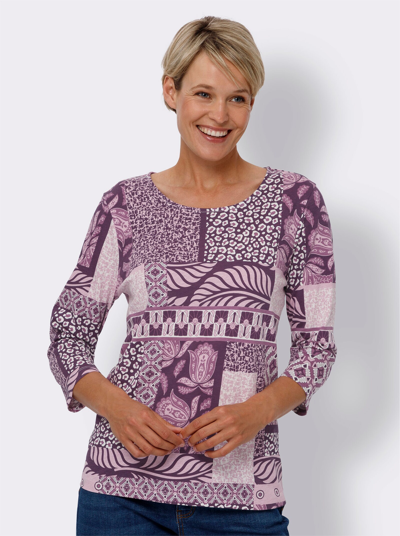 Tričko s 3/4 rukávem a patchworkovým vzorem - hroznová-ecru-potisk