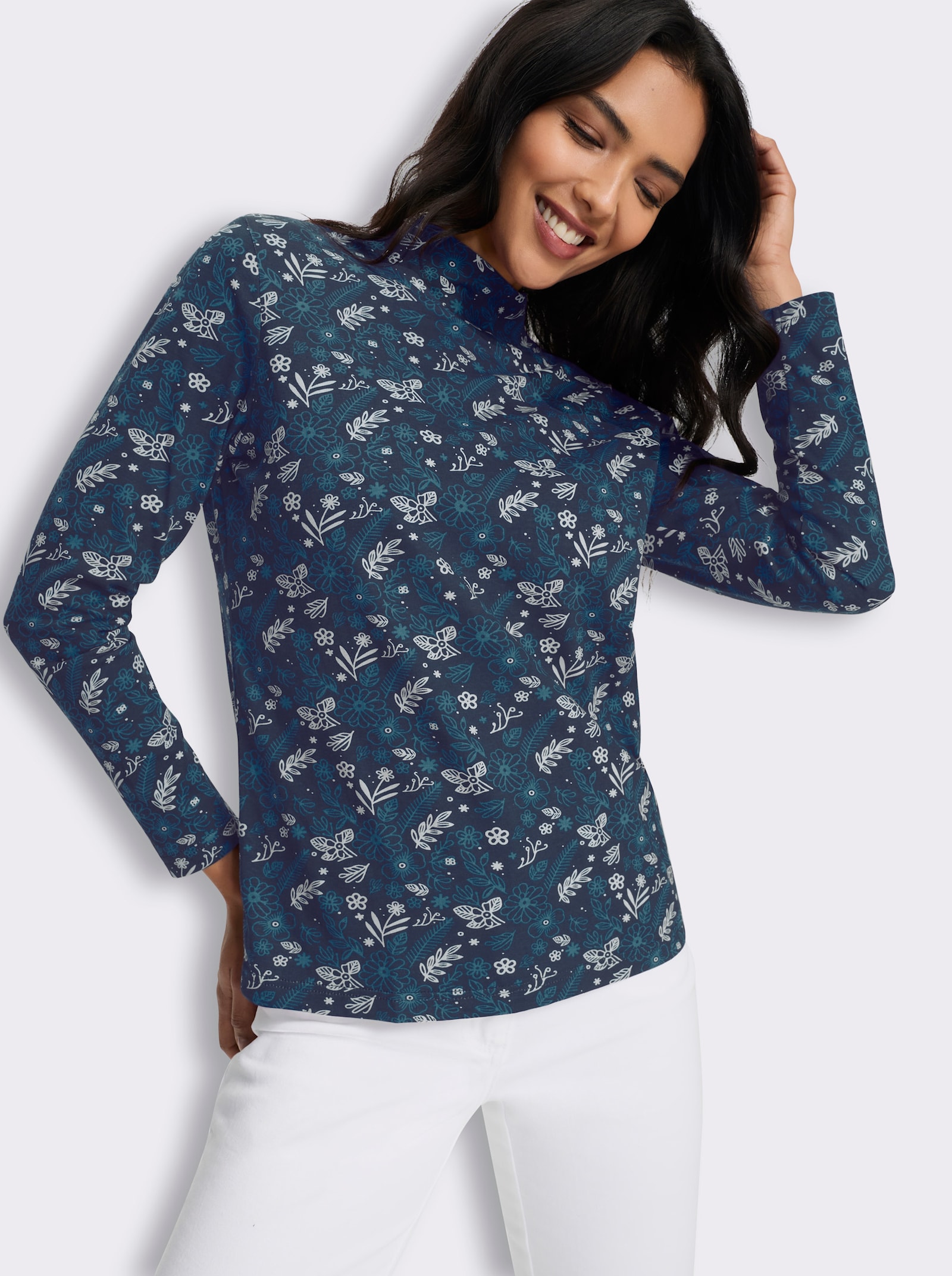 Stehkragenshirt im floralem Allover-Dessin - topas-champagner-bedruckt