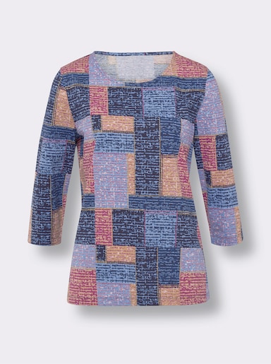 Tričko s 3/4 rukávem a patchworkovým vzhledem: - královská modrá-vřesová-potisk