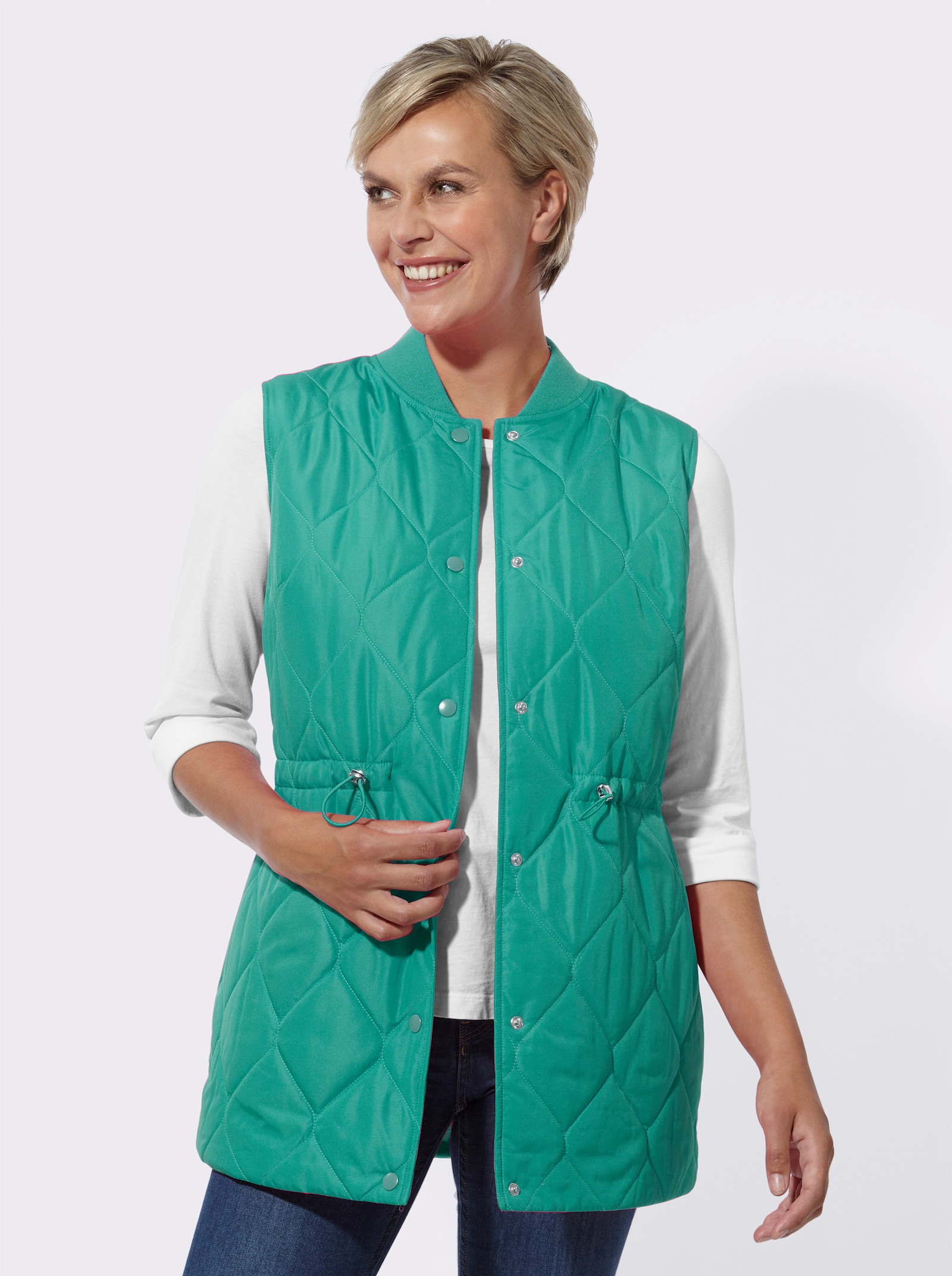 Lange bodywarmer met verstelbare taille - blauwgroen