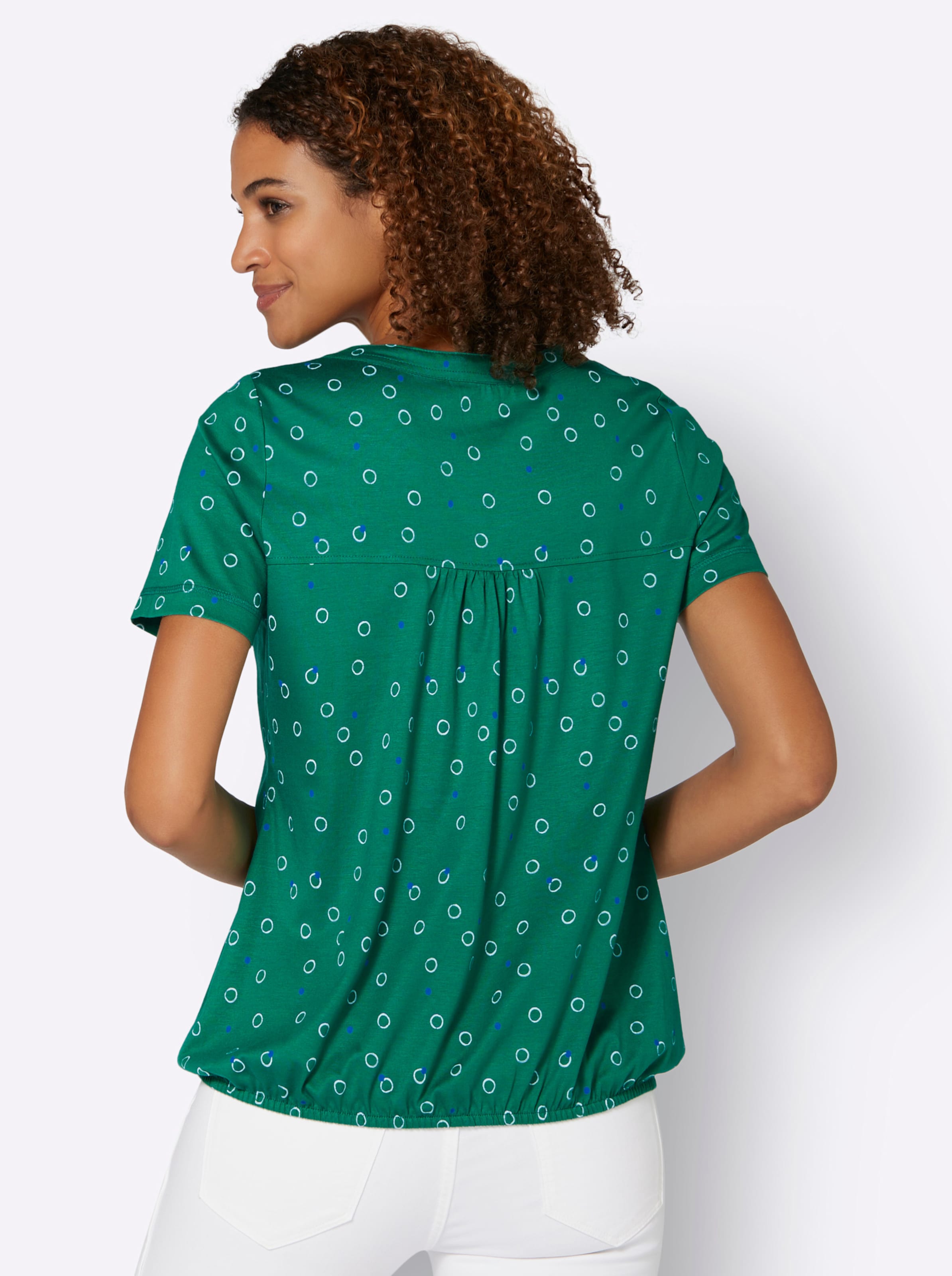 Vorne I günstig Kaufen-Print-Shirt in grün-weiß-bedruckt von heine. Print-Shirt in grün-weiß-bedruckt von heine <![CDATA[Ein toller Figurschmeichler ist dieses Shirt. Vorne mit offenem V-Ausschnitt und kurzer Zierknopfleiste. Gummizug im Bund.]]>. 