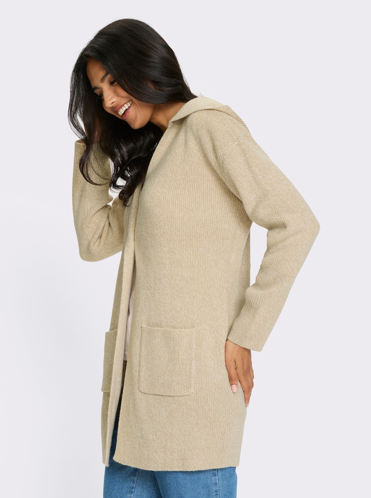 Longstrickjacke - beige-champagner-meliert