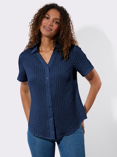 Hemdbluse mit weitegebender Falte hinten - dunkelblau-gestreift