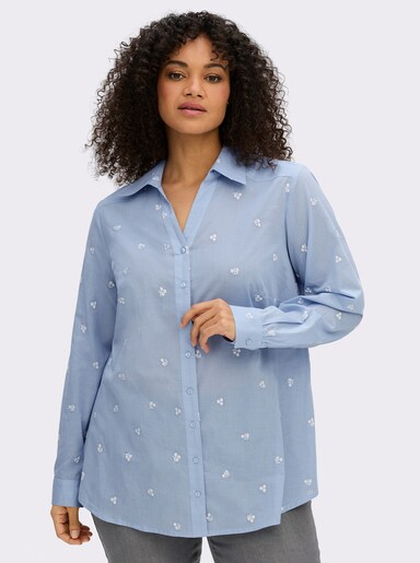 sheego Hemdbluse mit Blütenstickereien - bleu