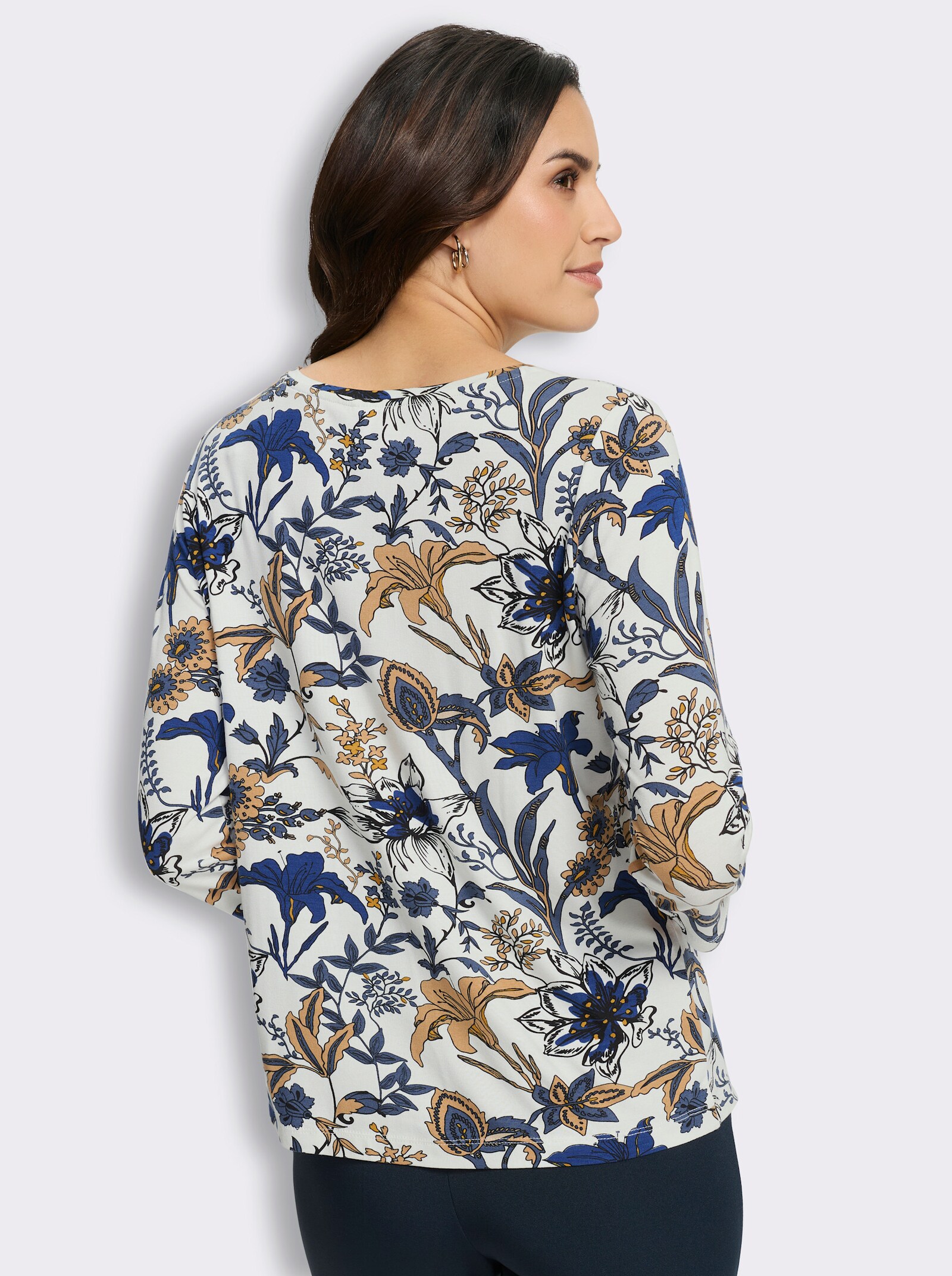 Print-Shirt mit 3/4-Ärmeln - ecru-royalblau-bedruckt