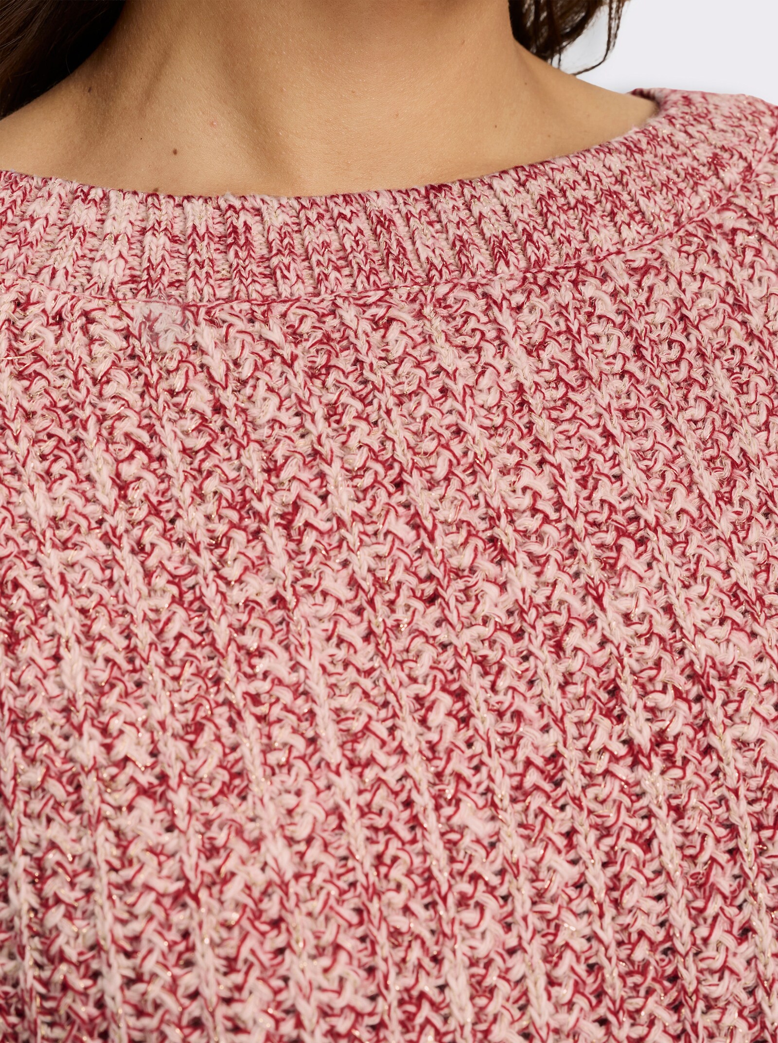 Strickpullover mit Glanzgarn - ecru-rot-meliert