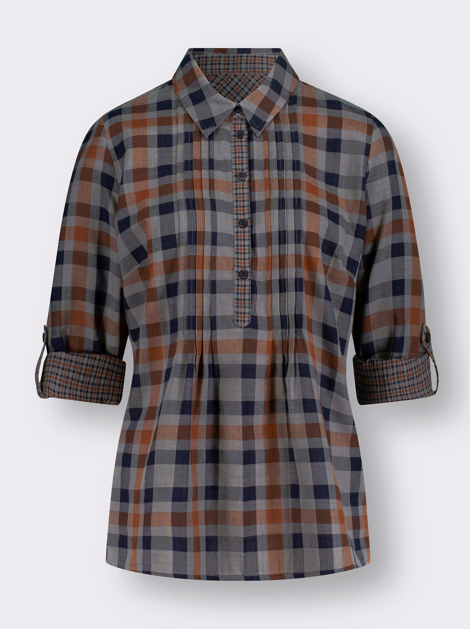 Langarmbluse mit Biesen, kariert - cognac-kariert