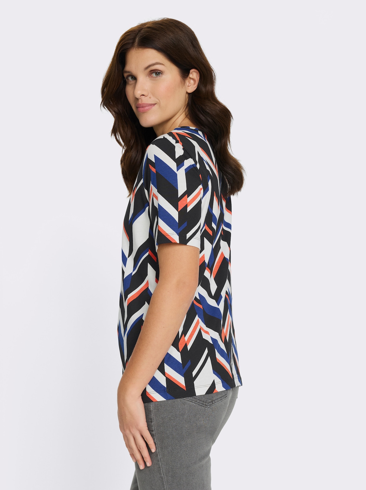 Kurzarmshirt in grafischem Dessin - ecru-royalblau-bedruckt