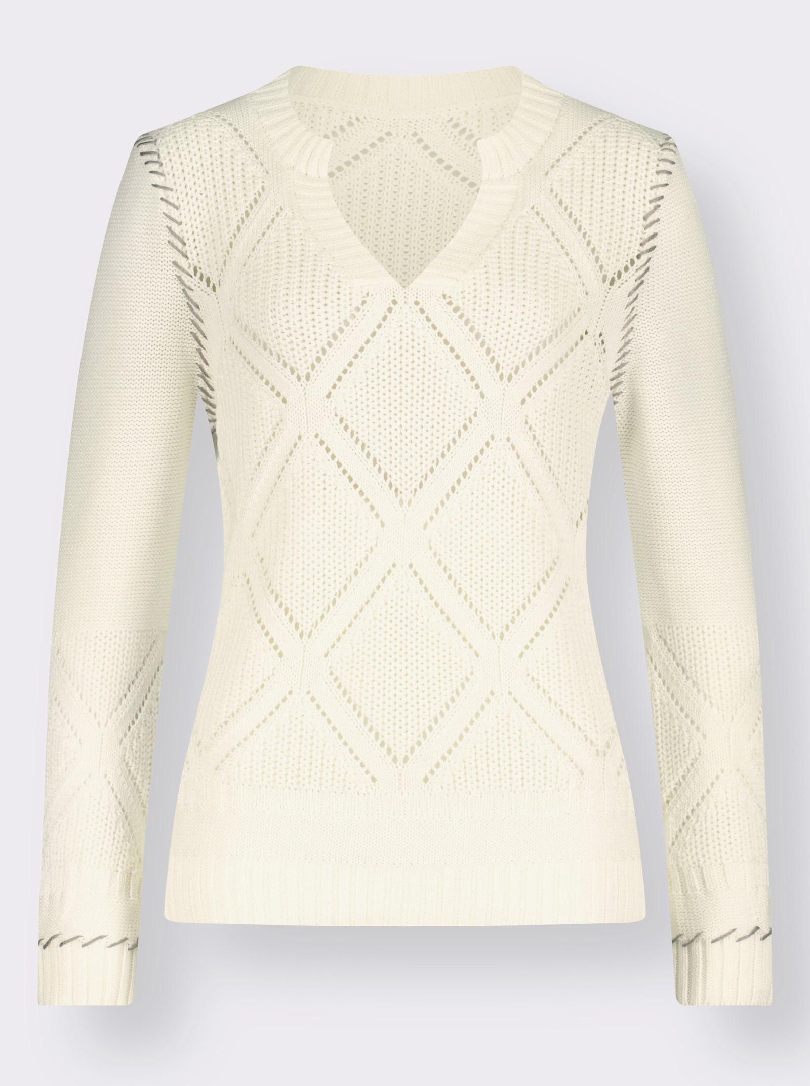 Ajourpullover mit Kontrast-Ziernähten - ecru