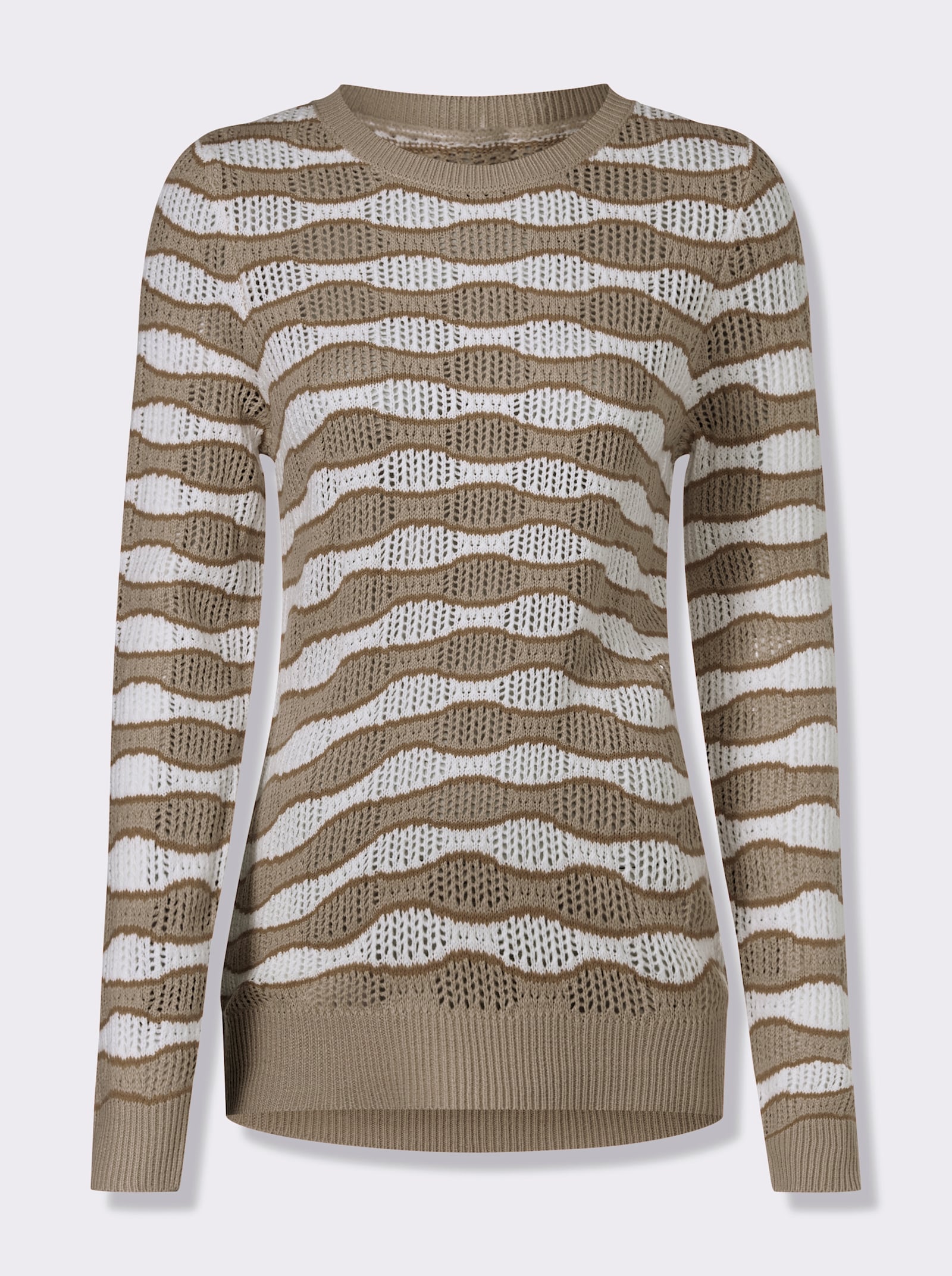 Ažurový svetr s vlnitým proužkovaným vzorem - sezamová-ecru-vzor
