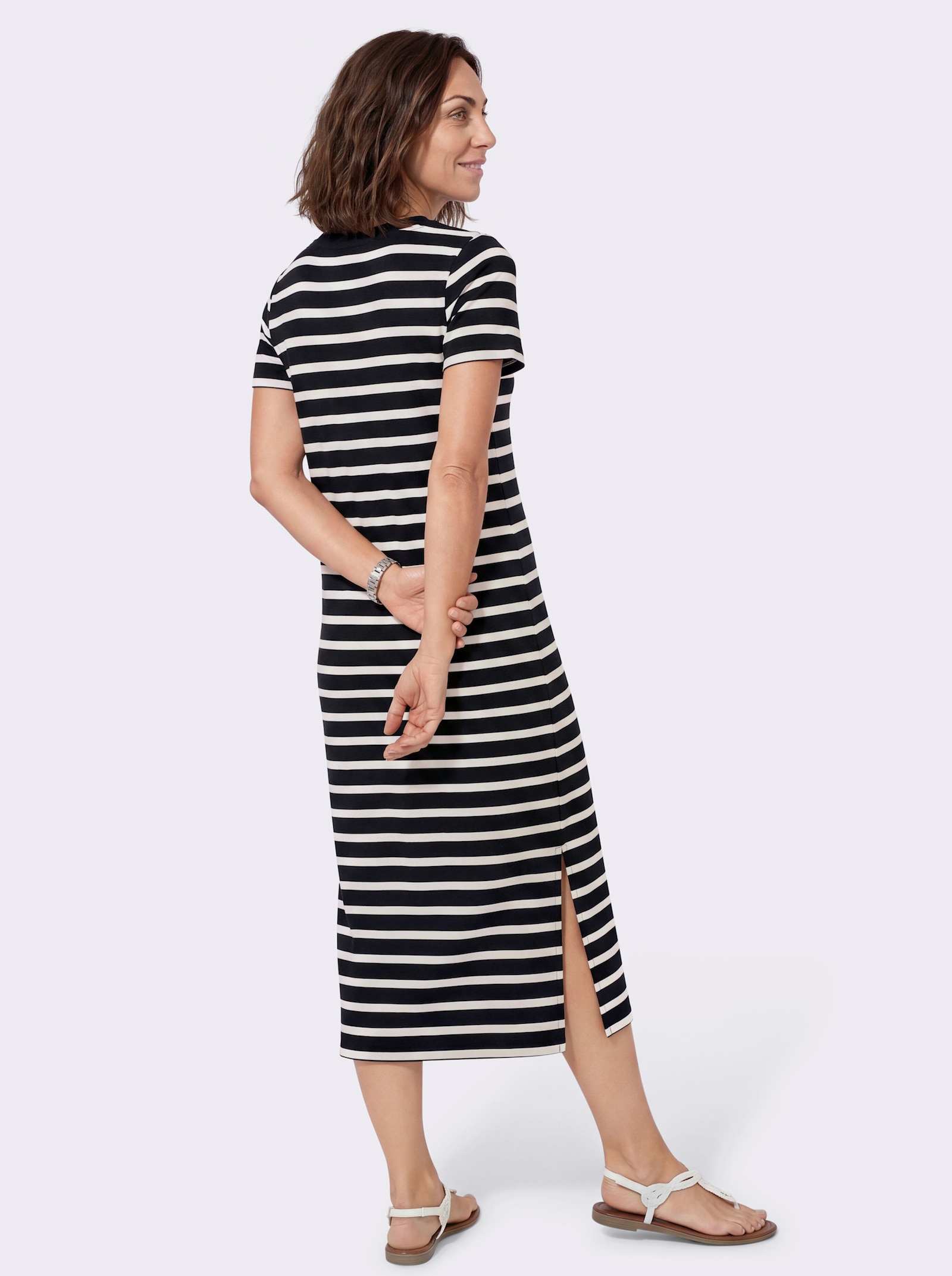 Jerseykleid mit Seitenschlitzen - schwarz-ecru-geringelt