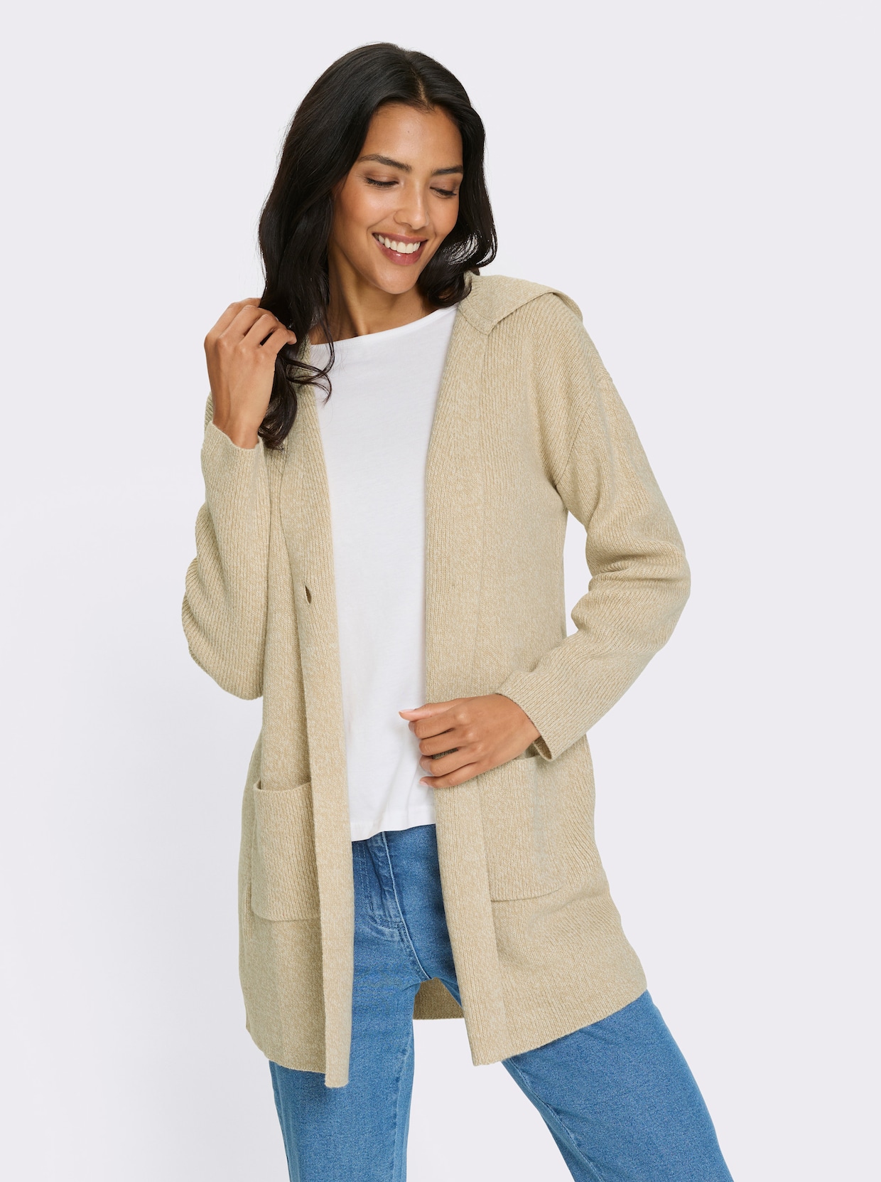 Longstrickjacke - beige-champagner-meliert