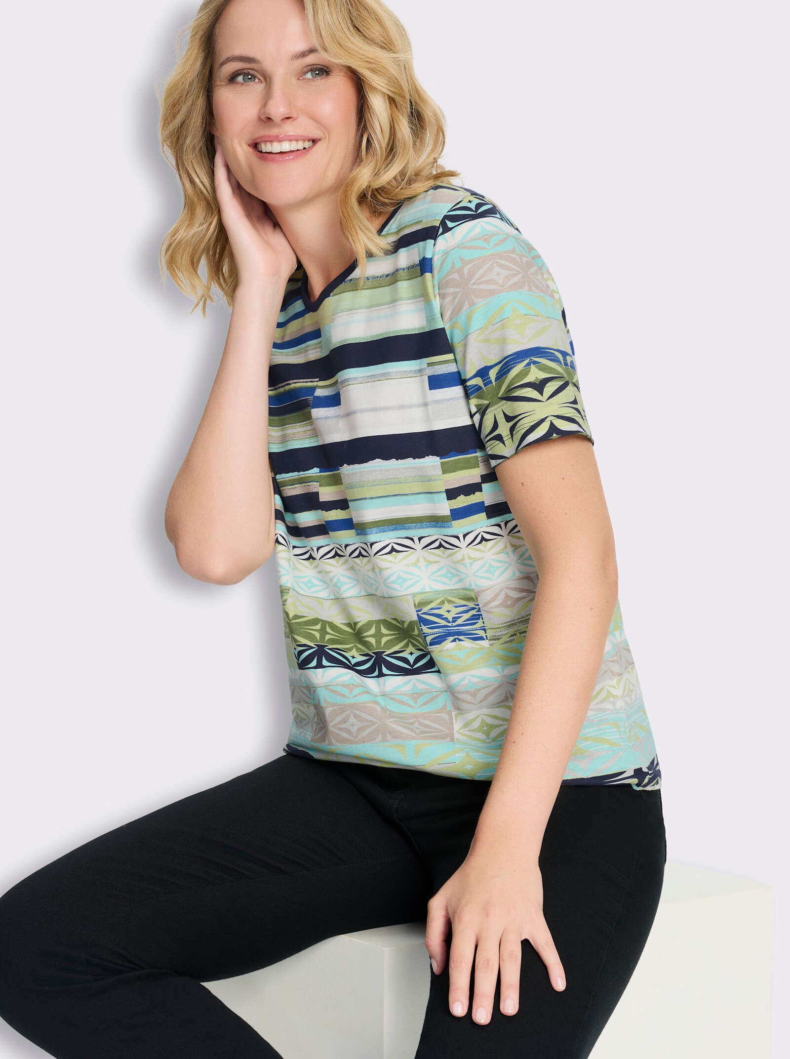 Kurzarmshirt mit grafischem Druck - khaki-sesam-bedruckt