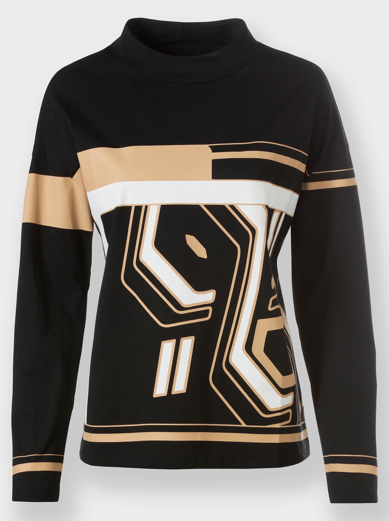 heine Stehkragenshirt - schwarz-camel-bedruckt