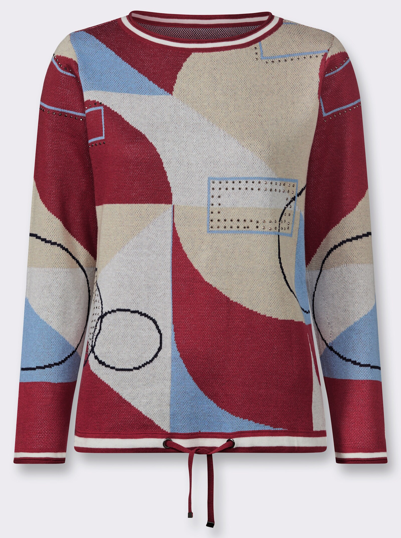Jacquard-Pullover mit Glitzersteinchen - kirsche-himmelblau-bedruckt