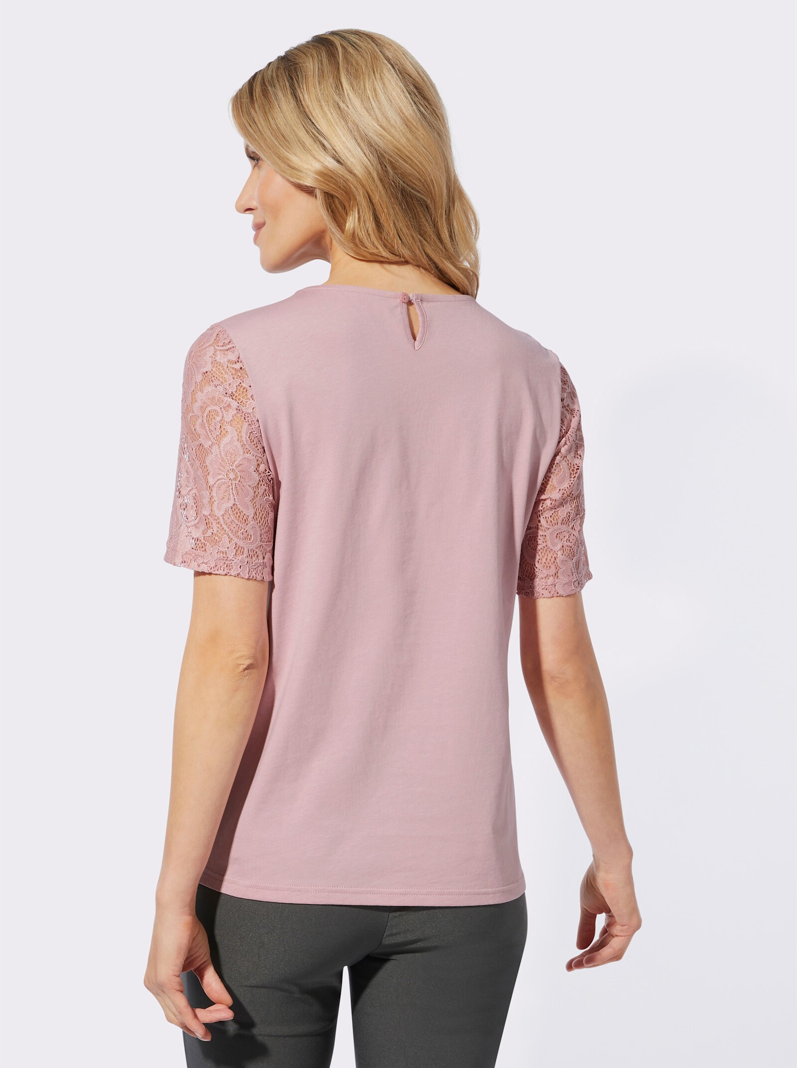 Kurzarmshirt mit Spitzen-Ärmeln - hortensie
