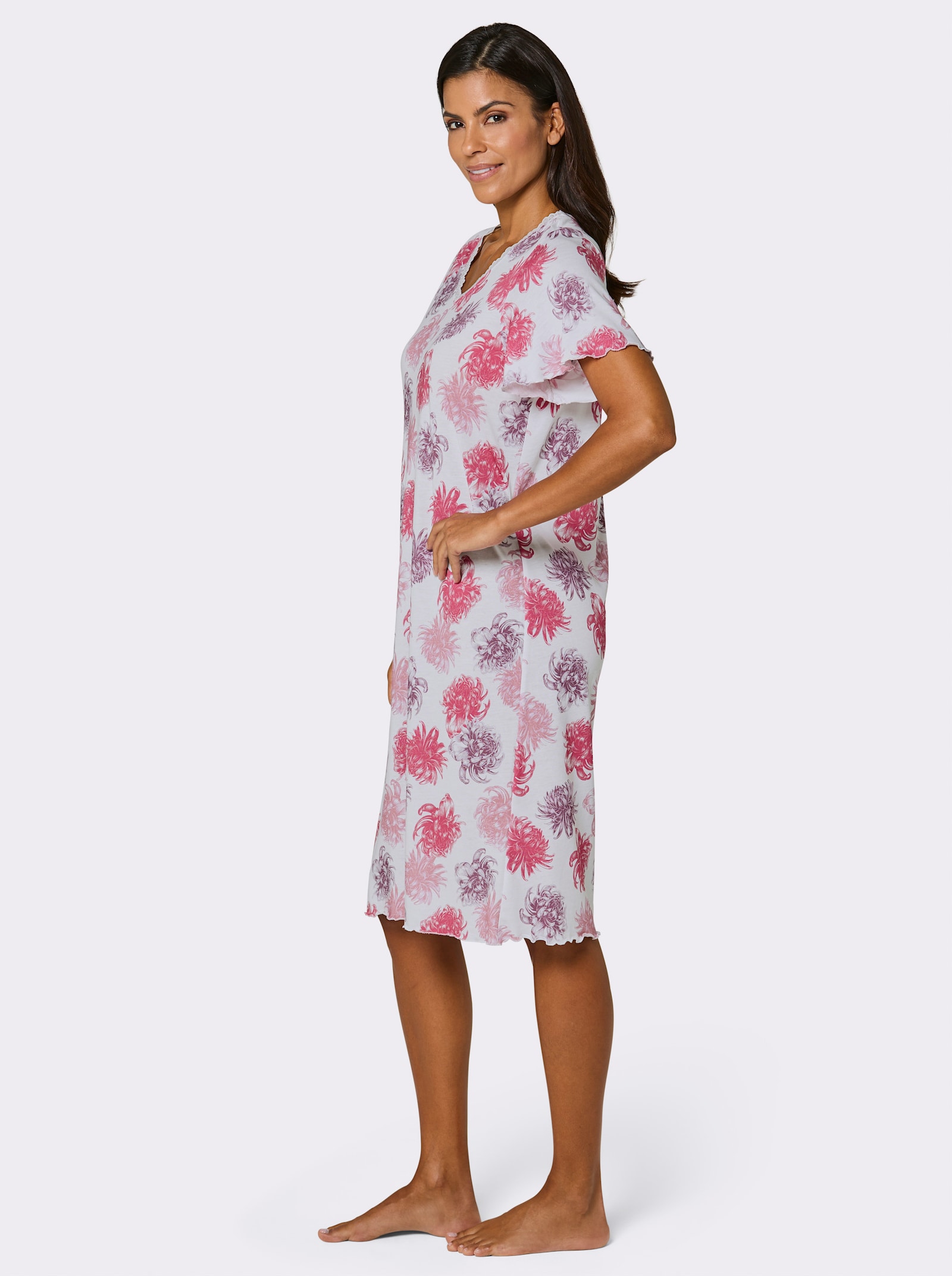 wäschepur Kurzarm-Sleepshirt mit Spitze am V-Ausschnitt - weiß-fuchsia-bedruckt