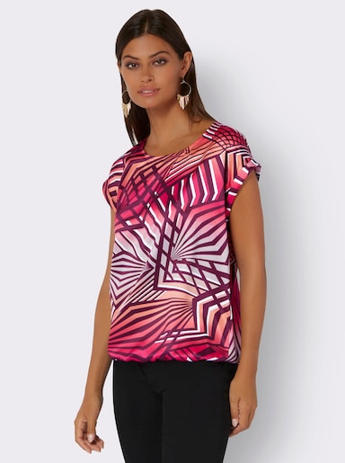 Druckbluse mit Gummizug am Saum - pink-weiß-bedruckt