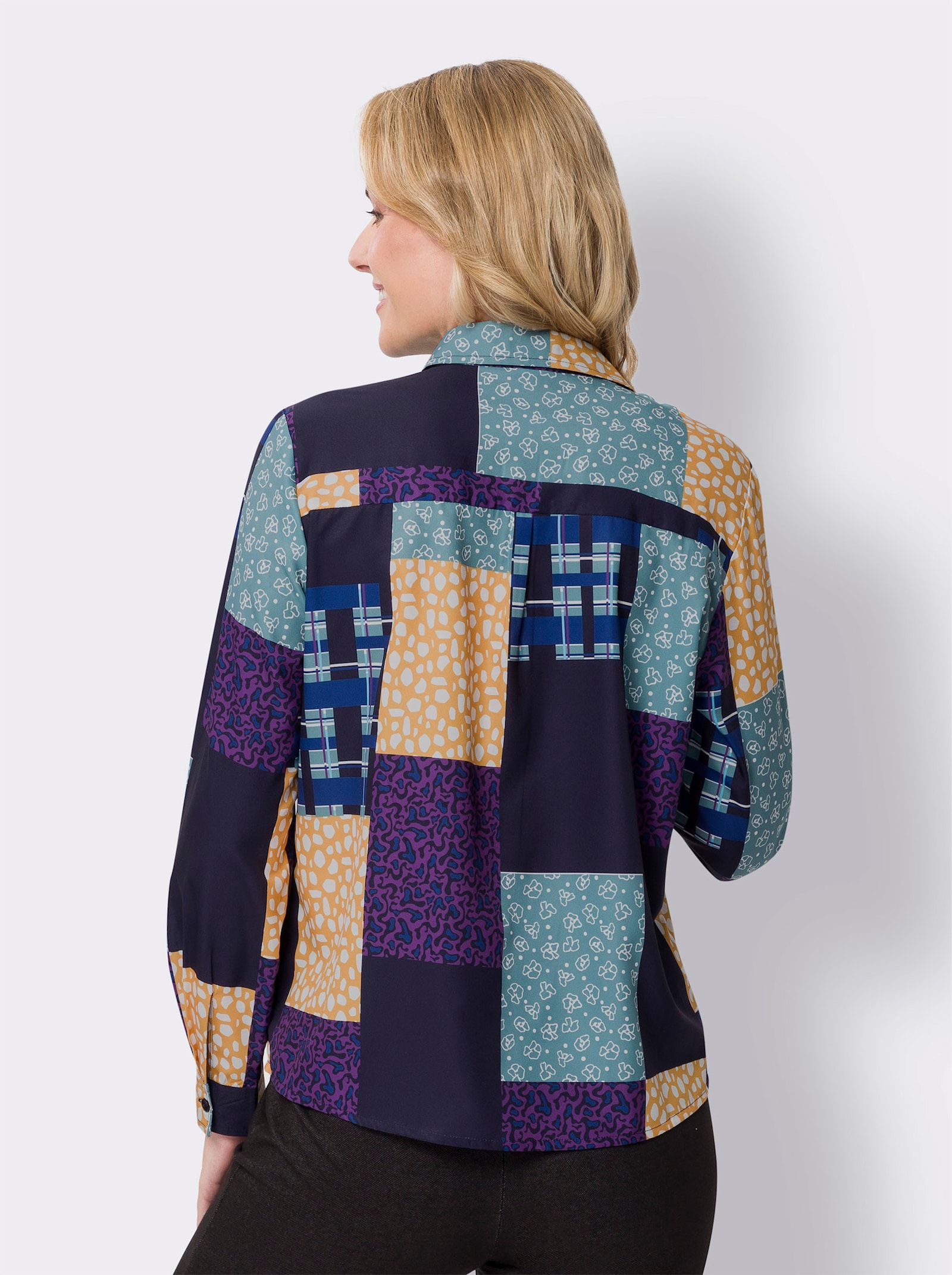 Skjorta i patchworkmönster - kungsblå-ockra, med tryck