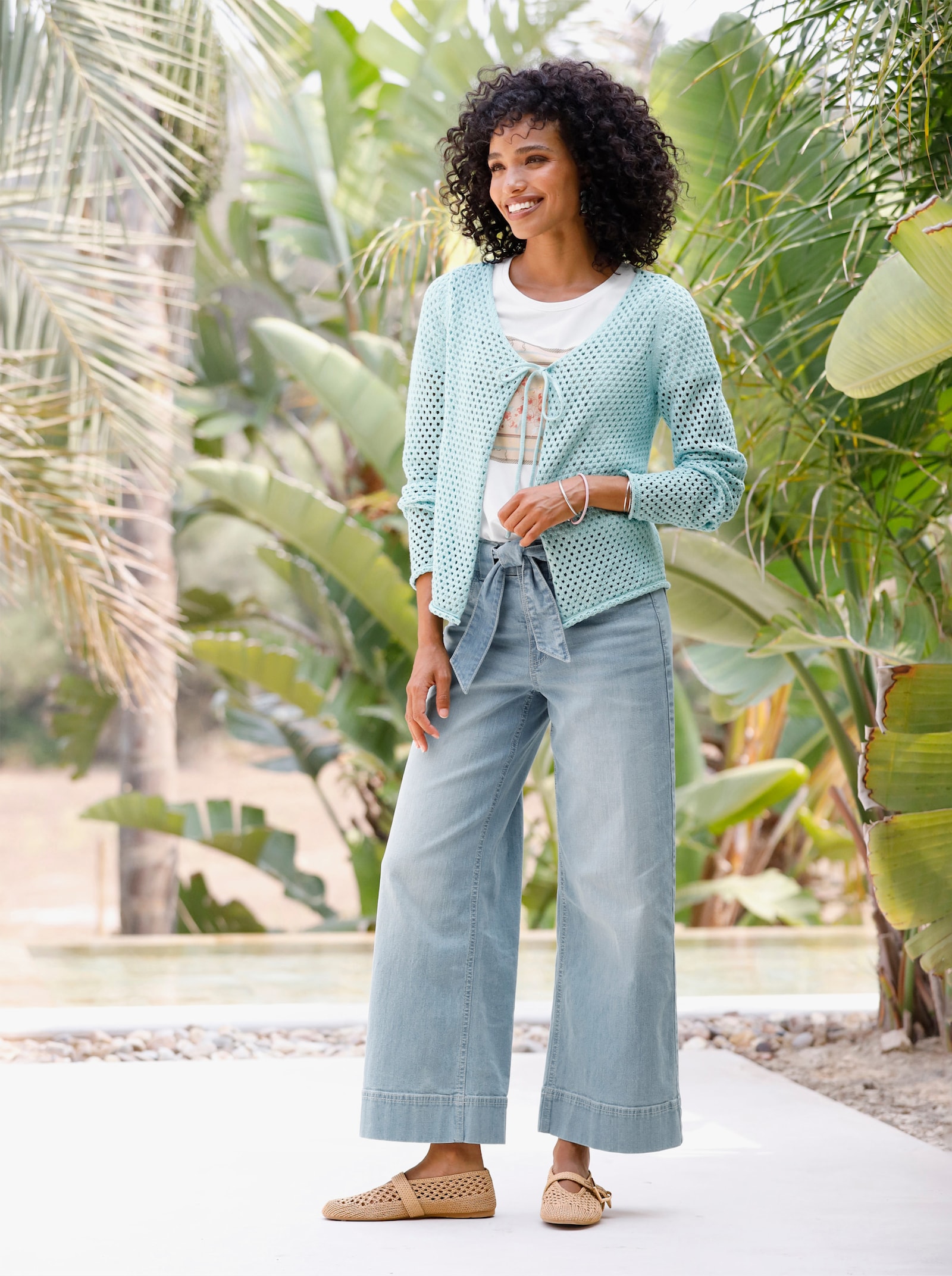 heine Ajourstrickjacke mit Rollkanten - mint
