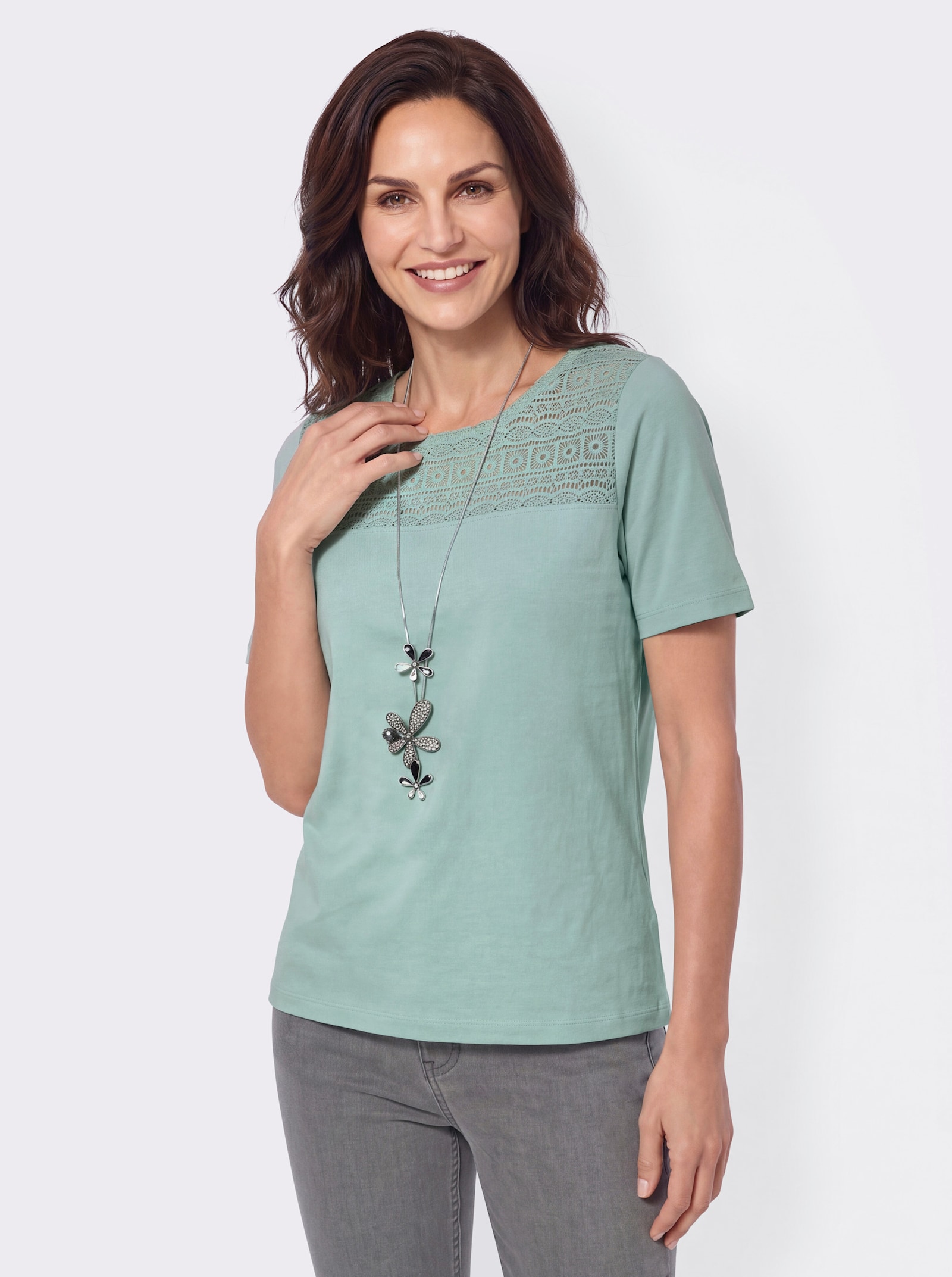 Spitzenshirt mit Rundhals-Ausschnitt - kalkmint