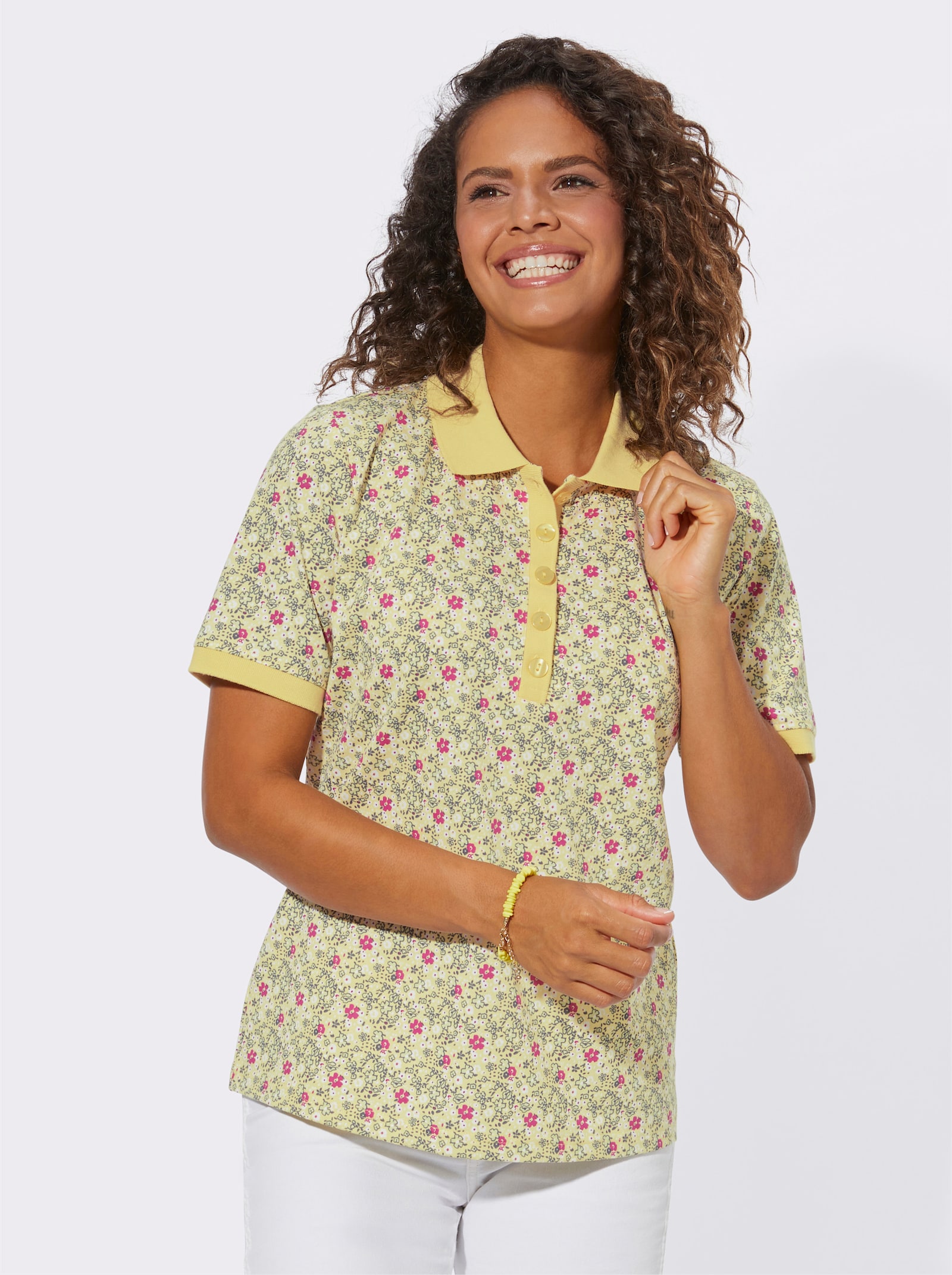 Poloshirt mit Knopfleiste - zitrone-fuchsia-bedruckt