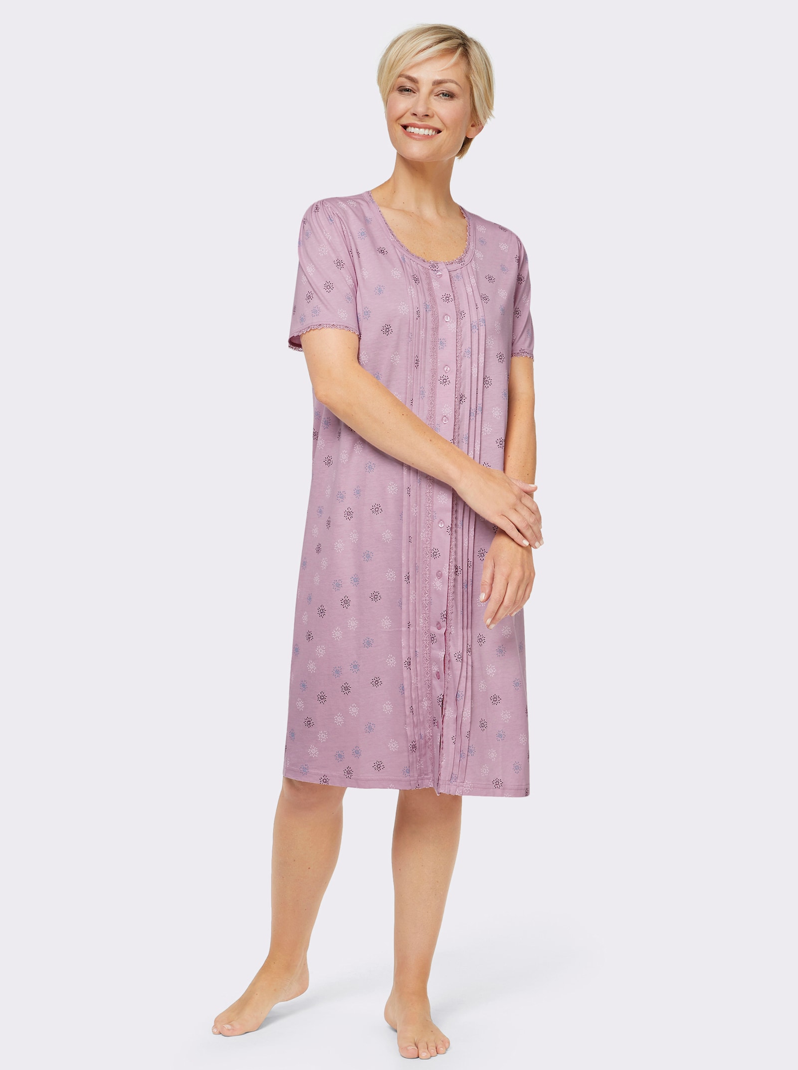 wäschepur Nachthemd mit Biesen- und Spitzen-Deko - rosé-bedruckt