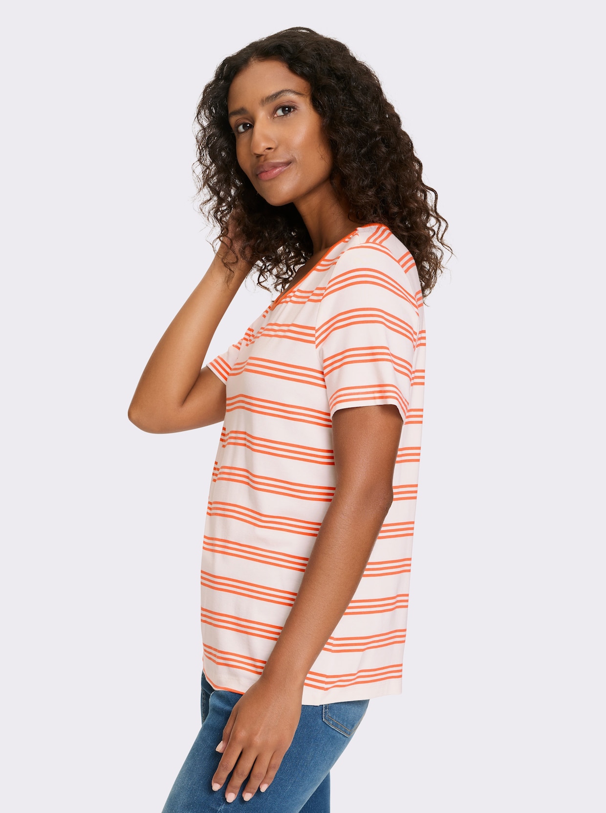 heine Kurzarmshirt - orange-ecru-gestreift