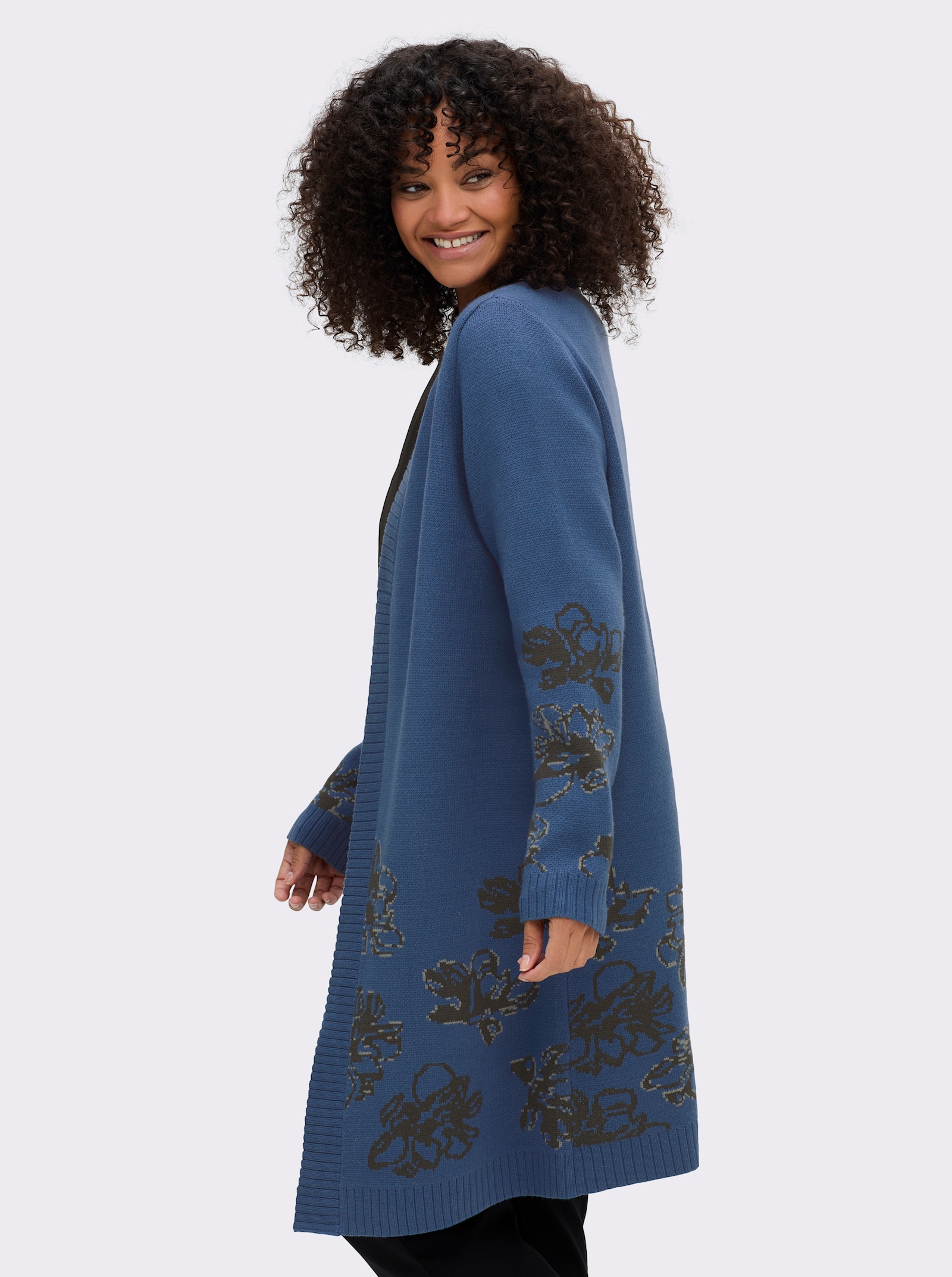 sheego Jacquardstrickjacke mit Blütenmuster - jeansblau-graphit-gemustert