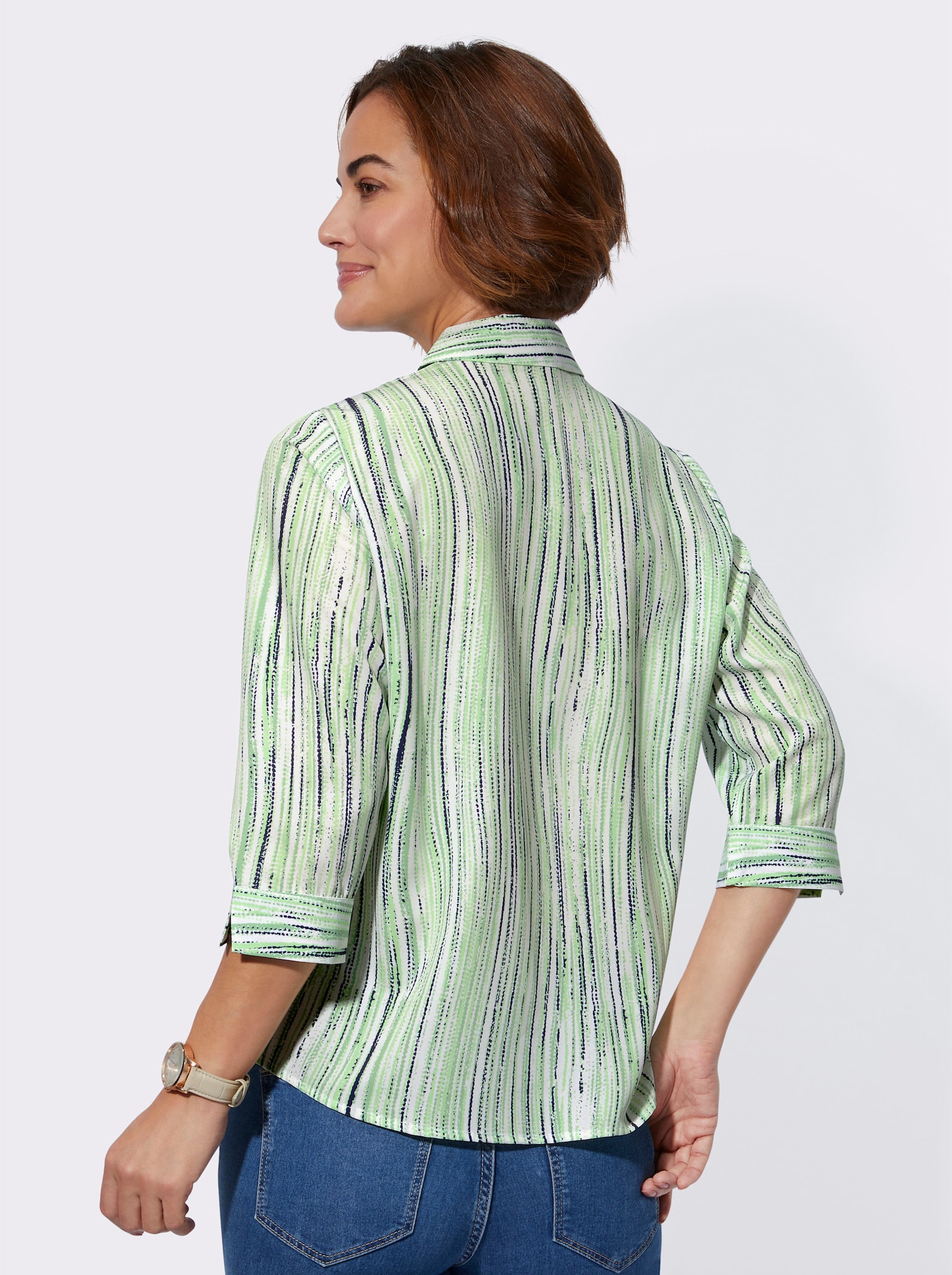 Gestreepte blouse met afgeronde zoom - reseda/ecru bedrukt