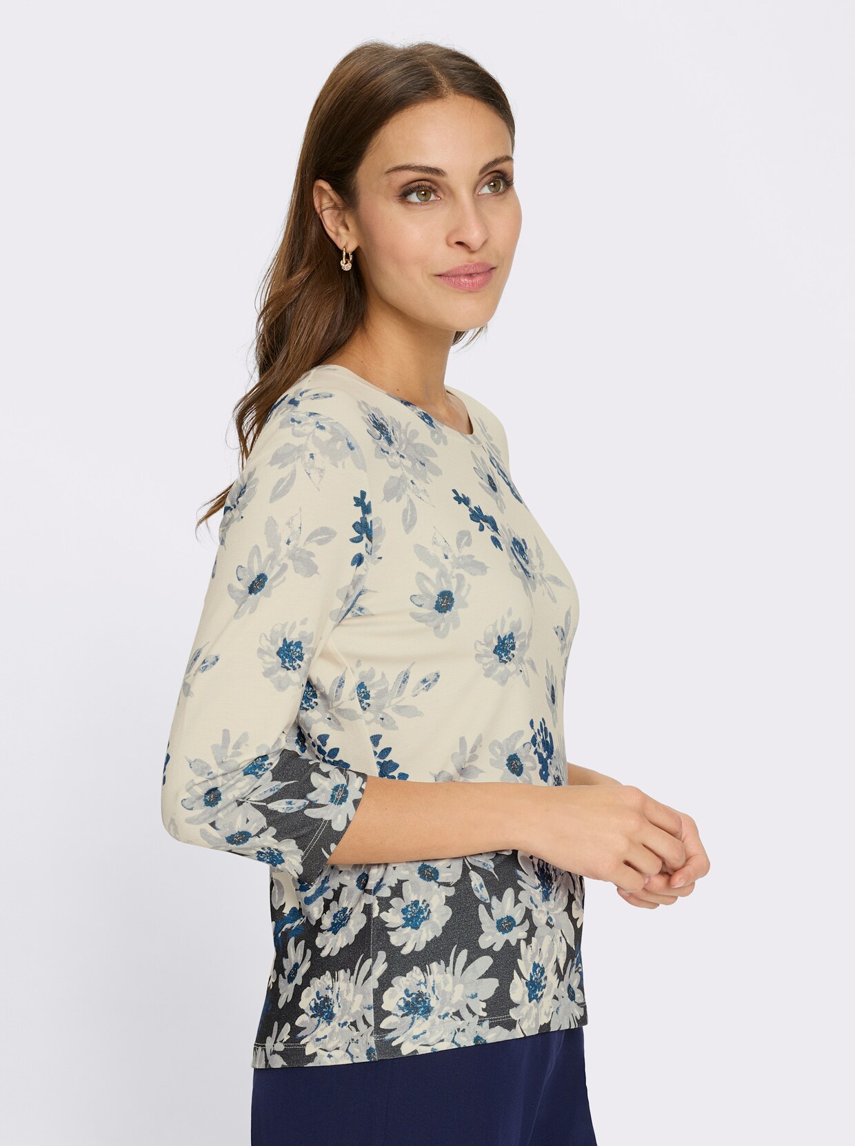 Rundhalsshirt - champagner-marine-bedruckt