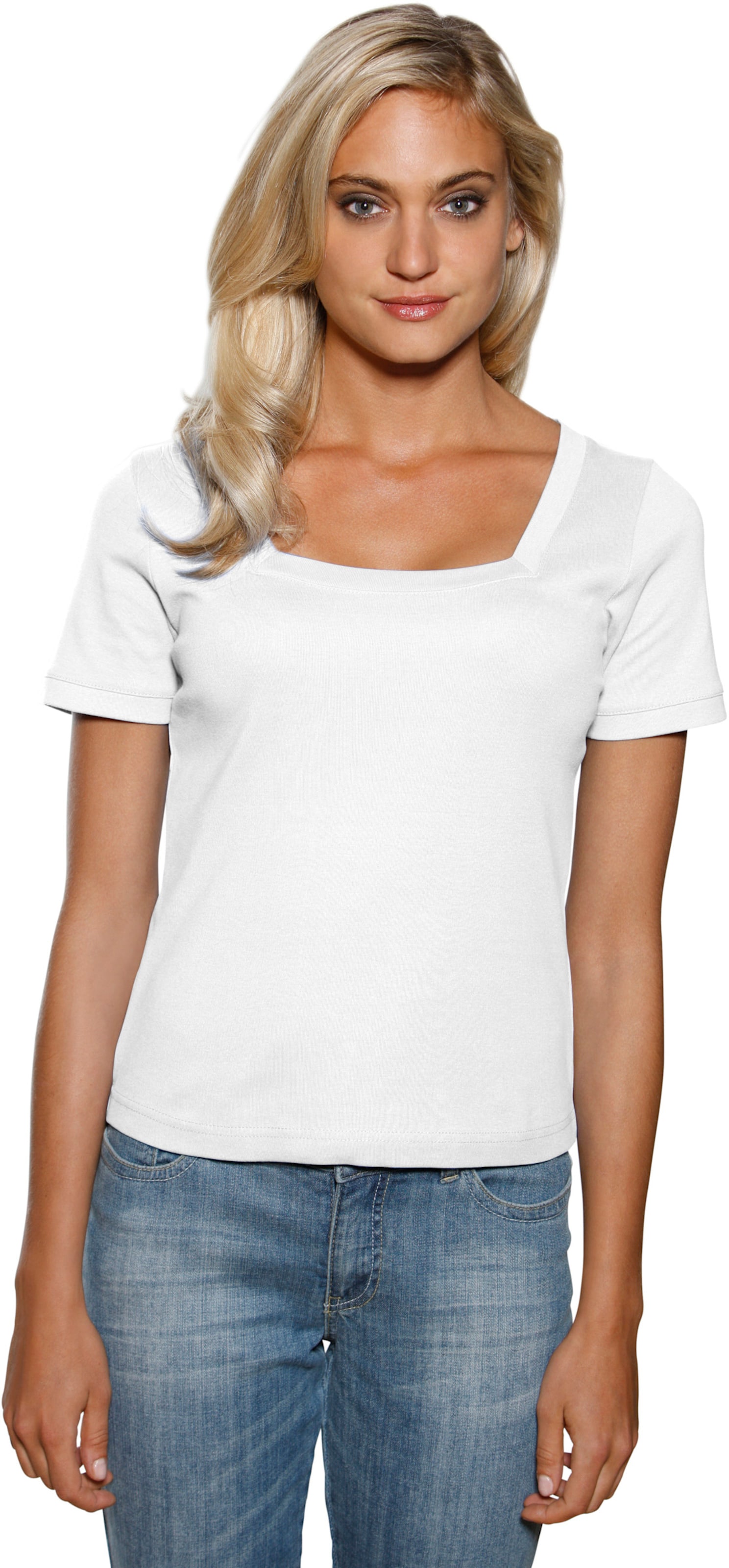 CARR günstig Kaufen-Carré-Shirt in weiß von heine. Carré-Shirt in weiß von heine <![CDATA[Carré-Shirt Mit großzügigem Ausschnitt. Aus trageangenehmer, feiner Rippenware. Figurbetonte Form.]]>. 