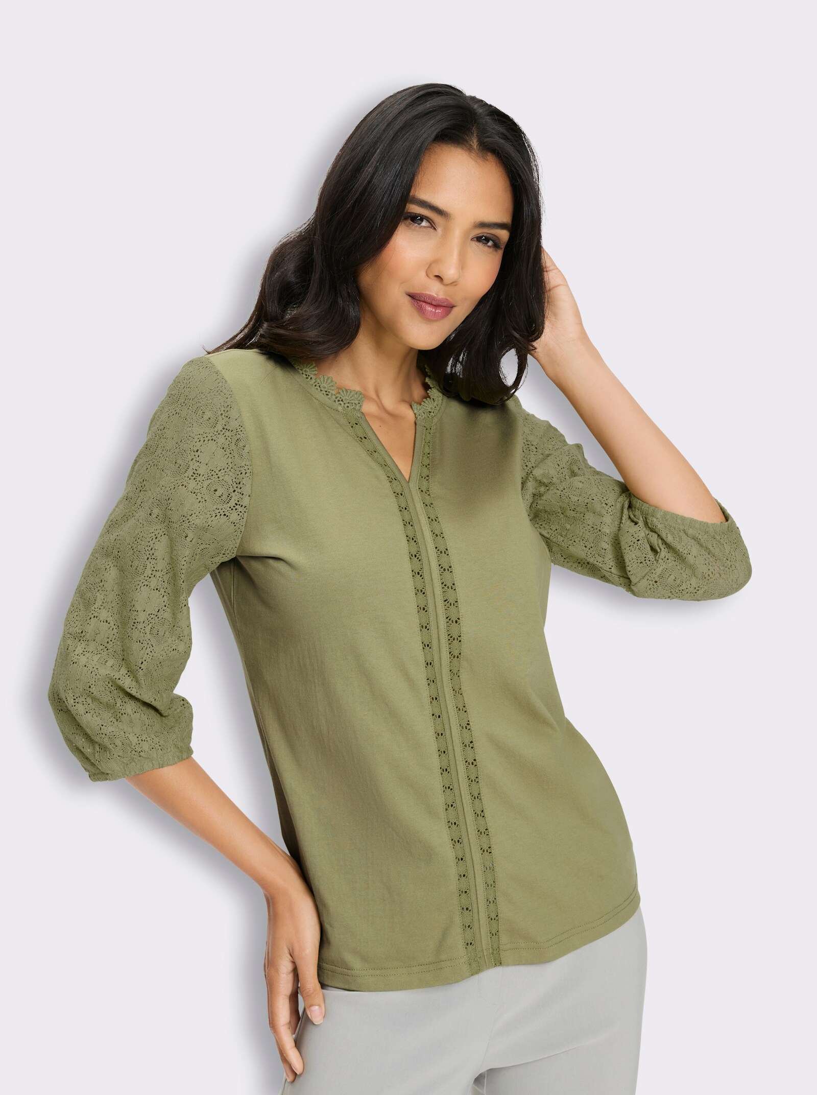 3/4-Arm-Shirt mit Spitzen-Ärmeln - schilf