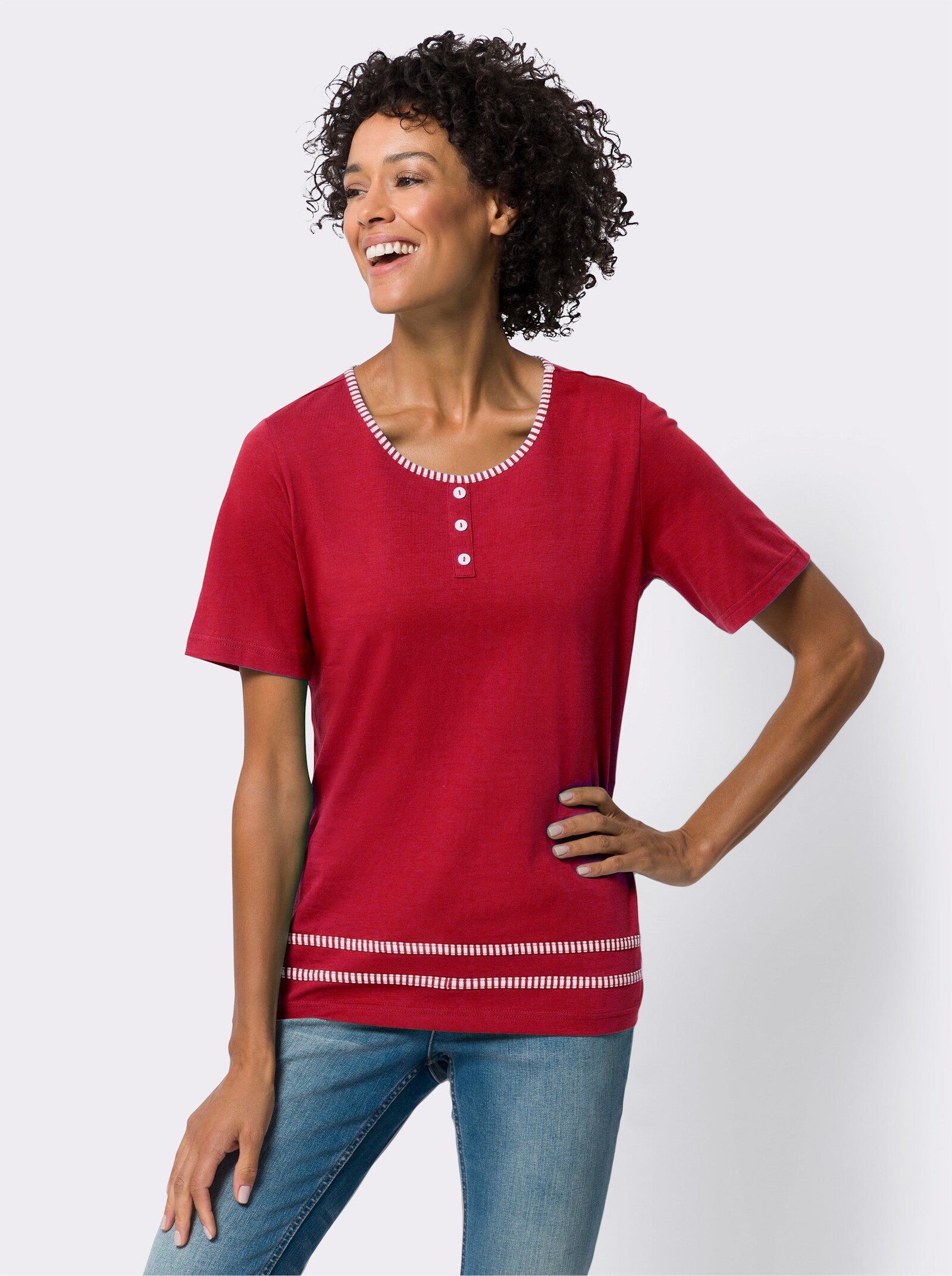 Shirt met ronde hals en paspels - rood/ecru