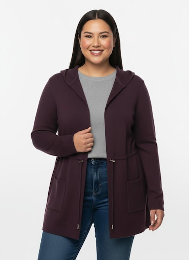 Kapuzenstrickjacke mit Tunnelzug in der Taille - burgund