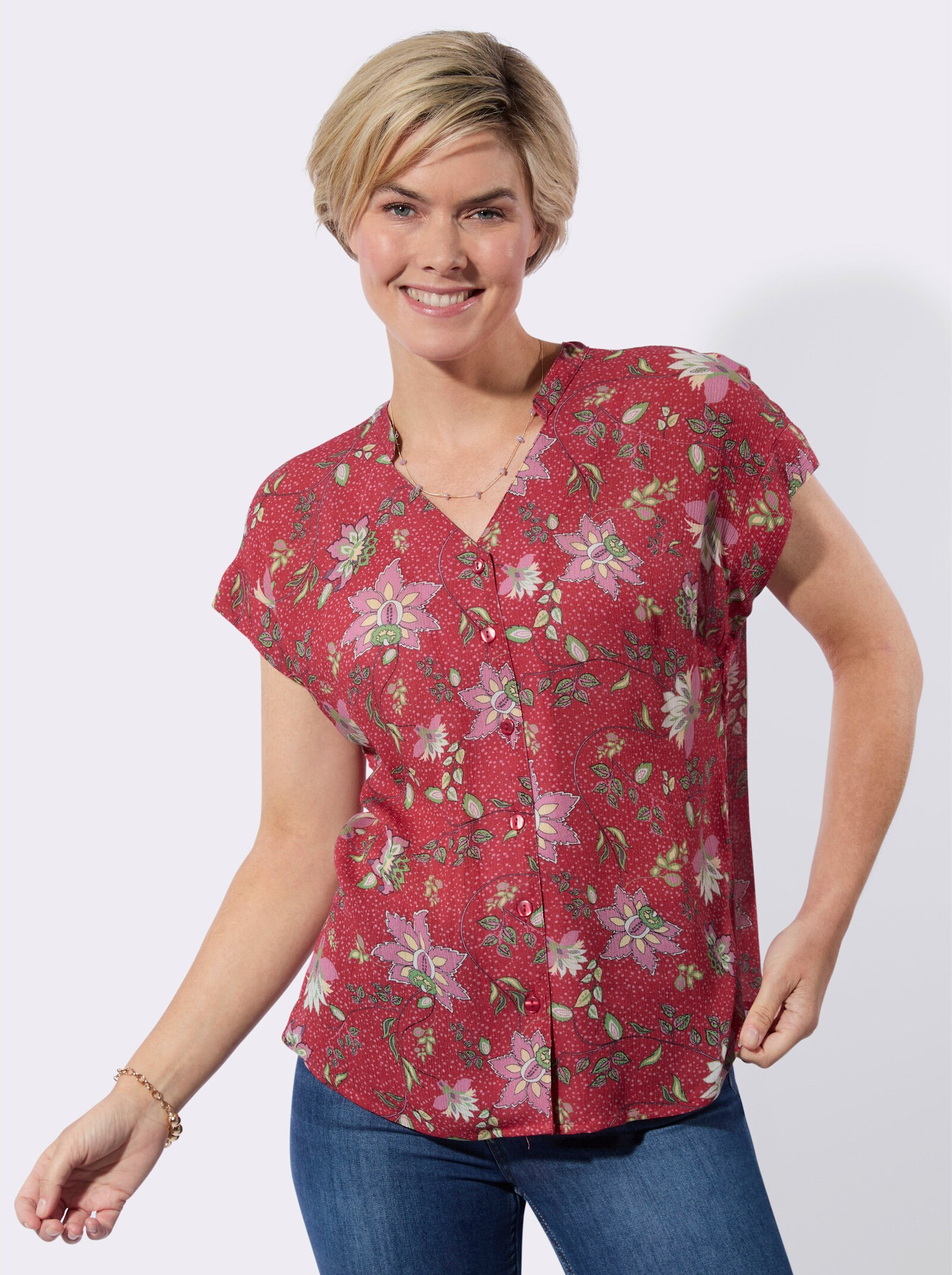 Kurzarmbluse in strukturierter Qualität - erdbeere-eucalyptus-bedruckt