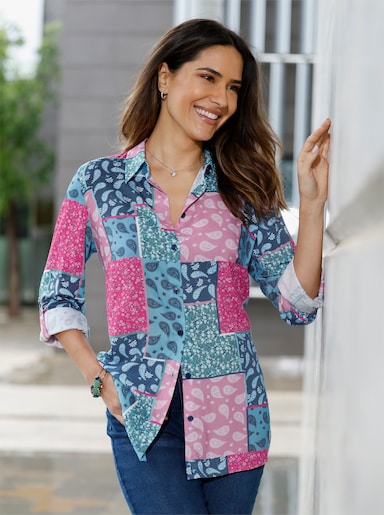 Longbluse mit krempelbaren Ärmeln - fuchsia-jeansblau-bedruckt