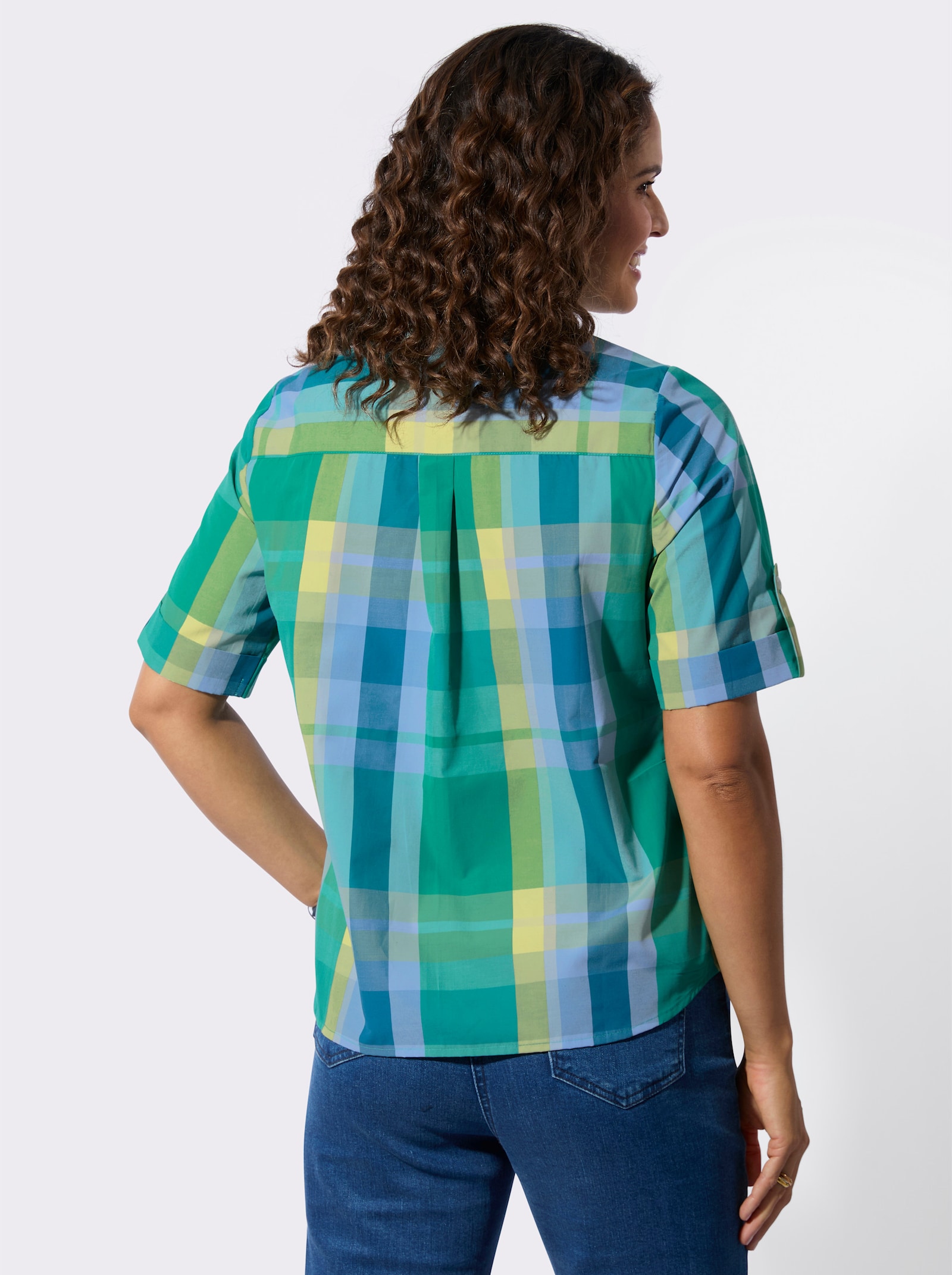 Karobluse im Baumwoll-Polyester-Mix - smaragd-bleu-kariert