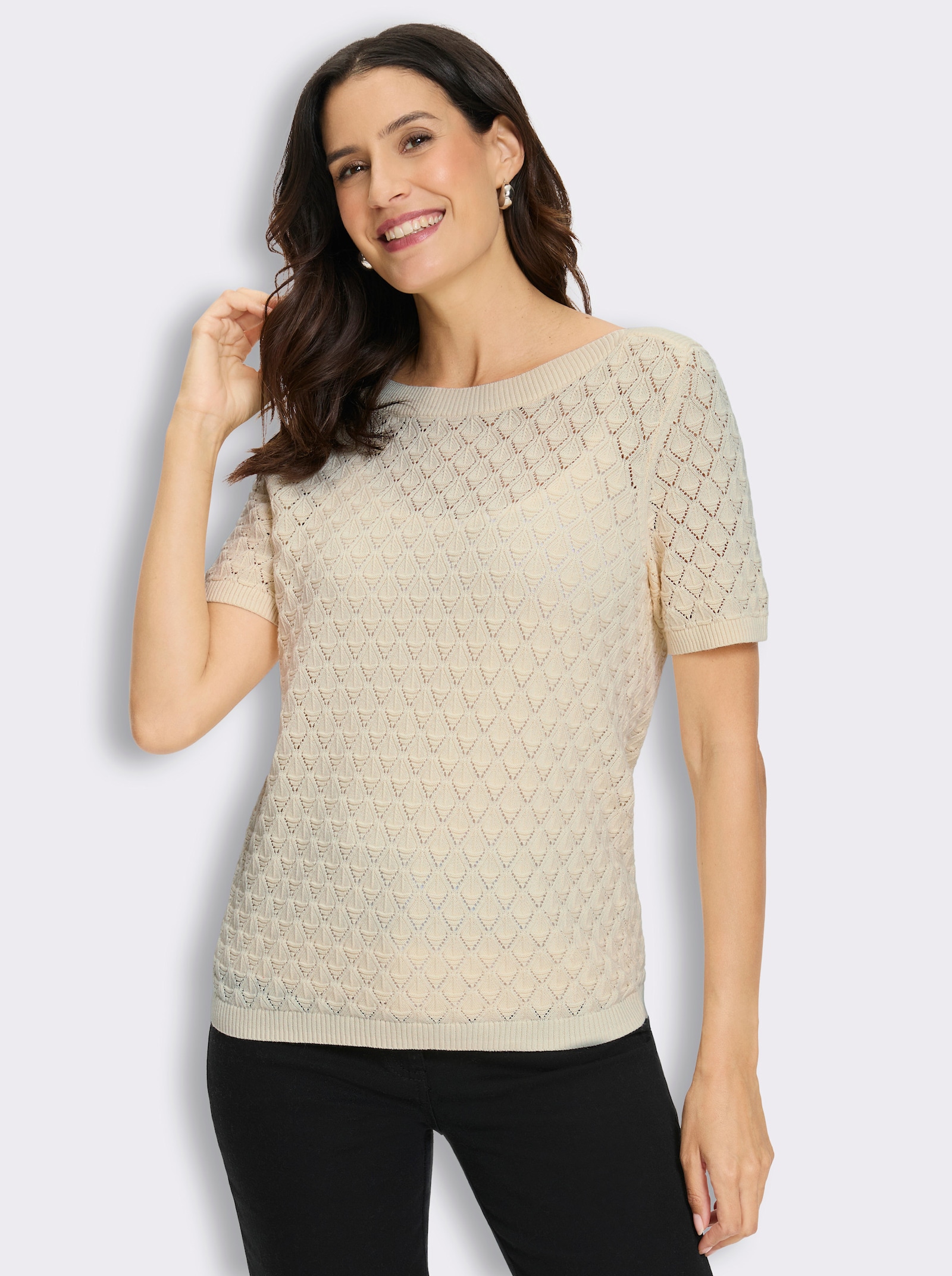 Kurzarmpullover mit Ajourmuster - champagner