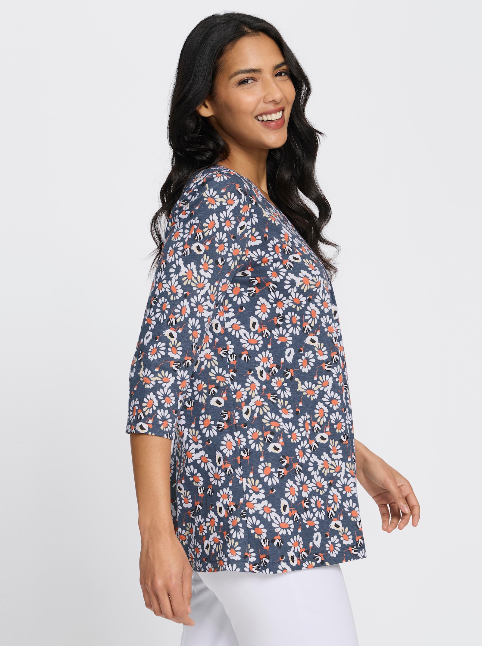 Longshirt im Blüten-Dessin - rauchblau-papaya-bedruckt