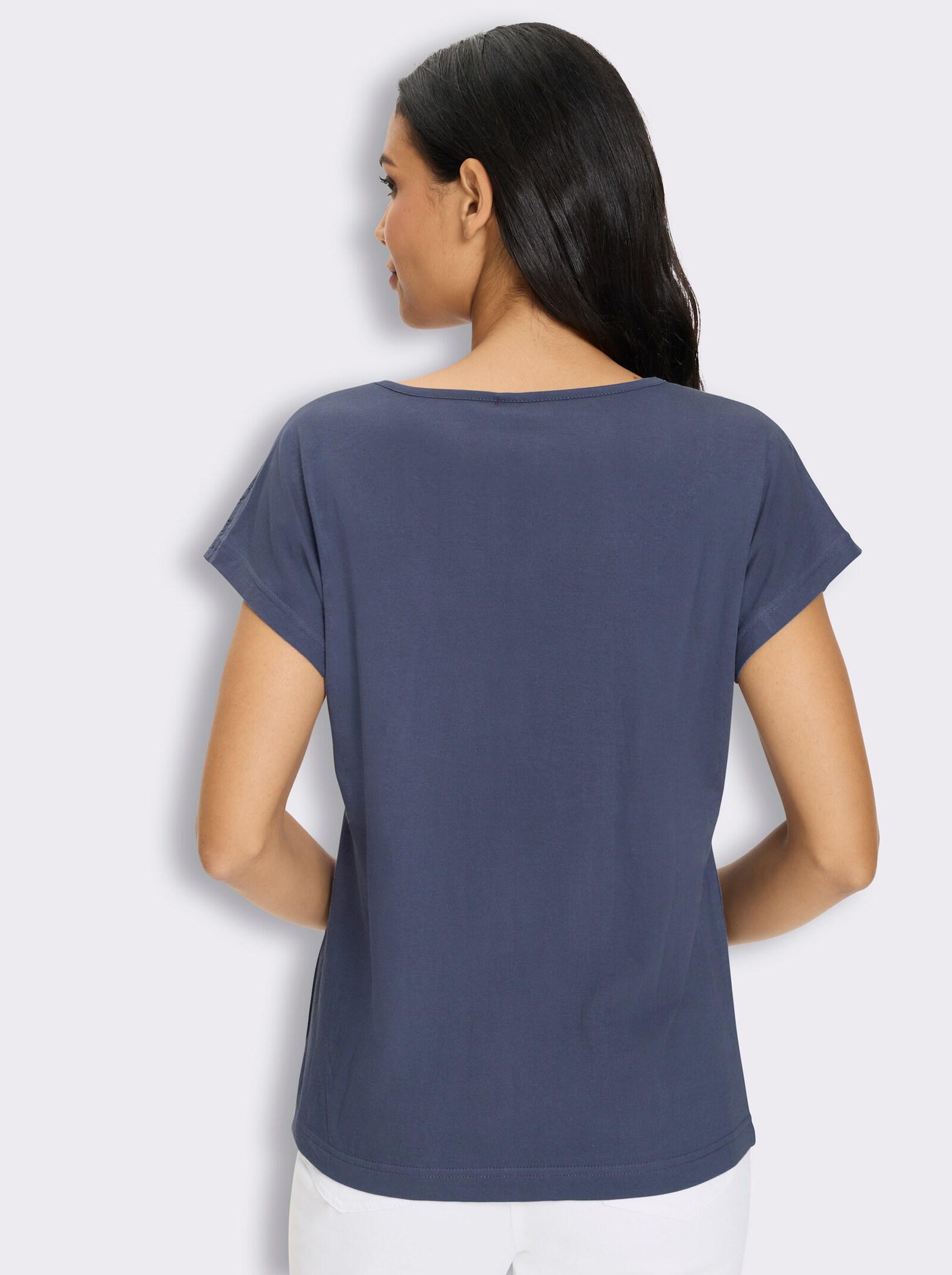 Kurzarmshirt mit Spitzen-Details, Baumwolle - rauchblau