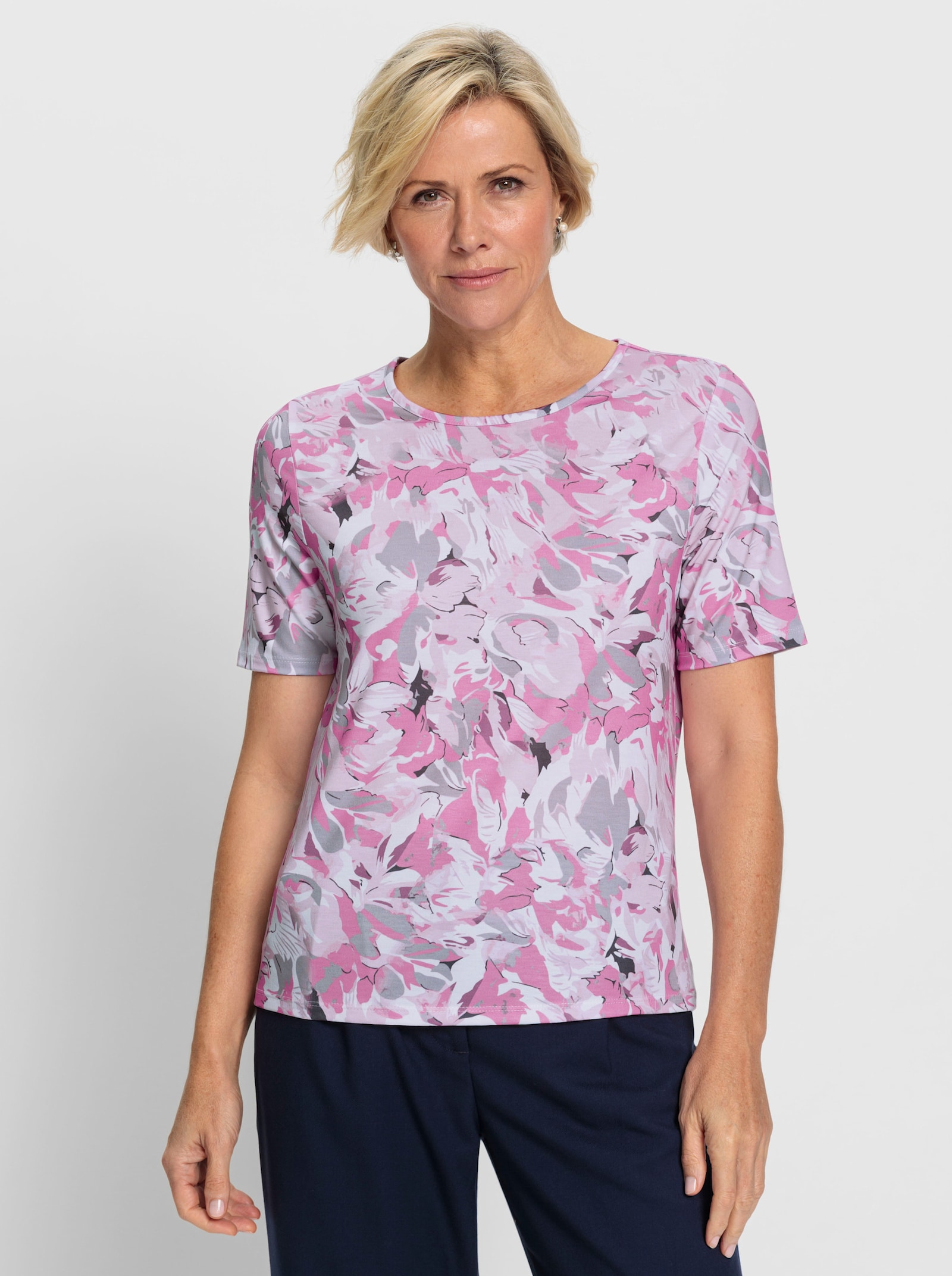 Rundhalsshirt mit Druck-Dessin - fuchsia-weiß-bedruckt