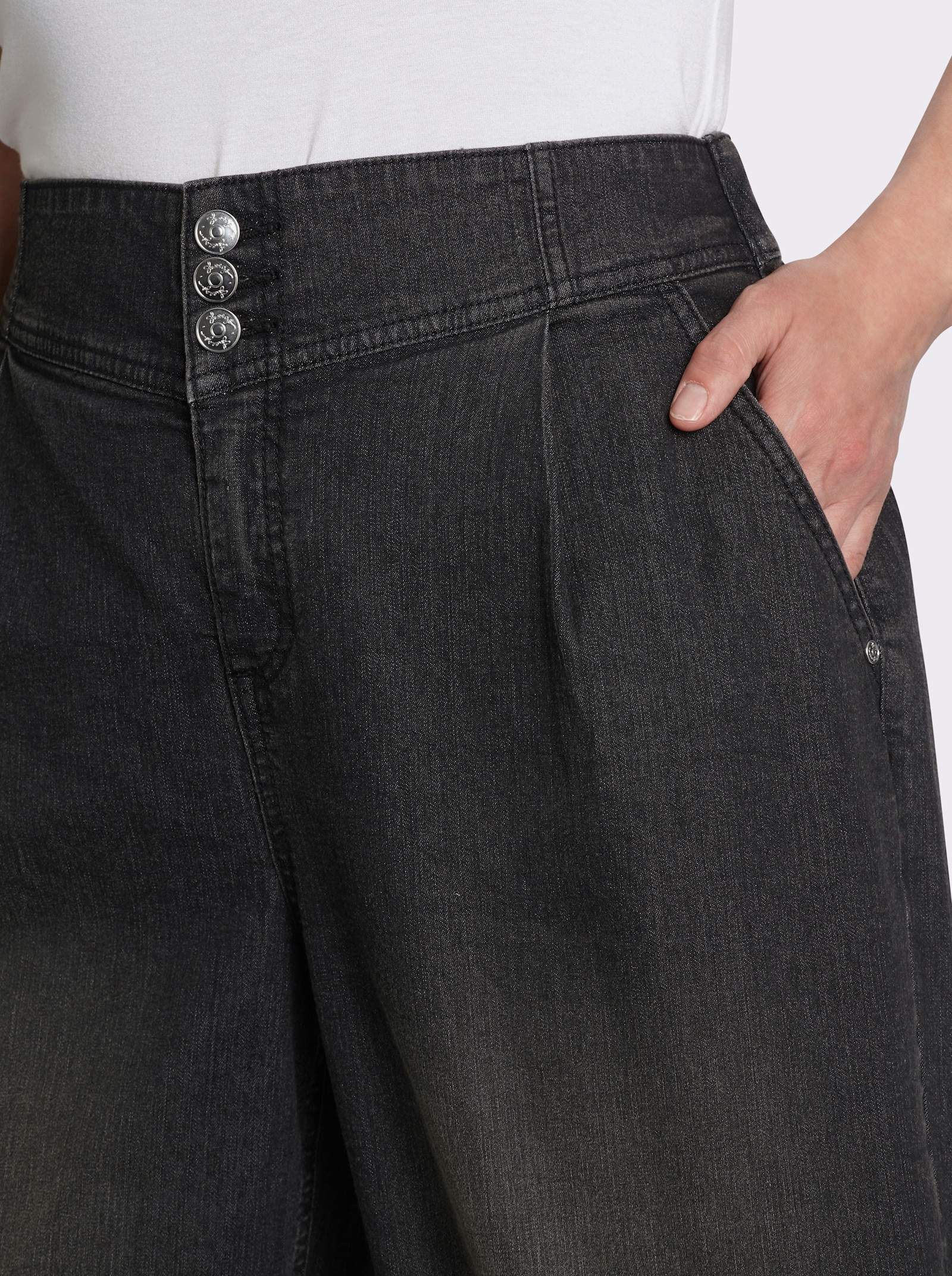 sheego High-waist-Jeans mit Bundfalten und Barrel-Leg - graphit denim